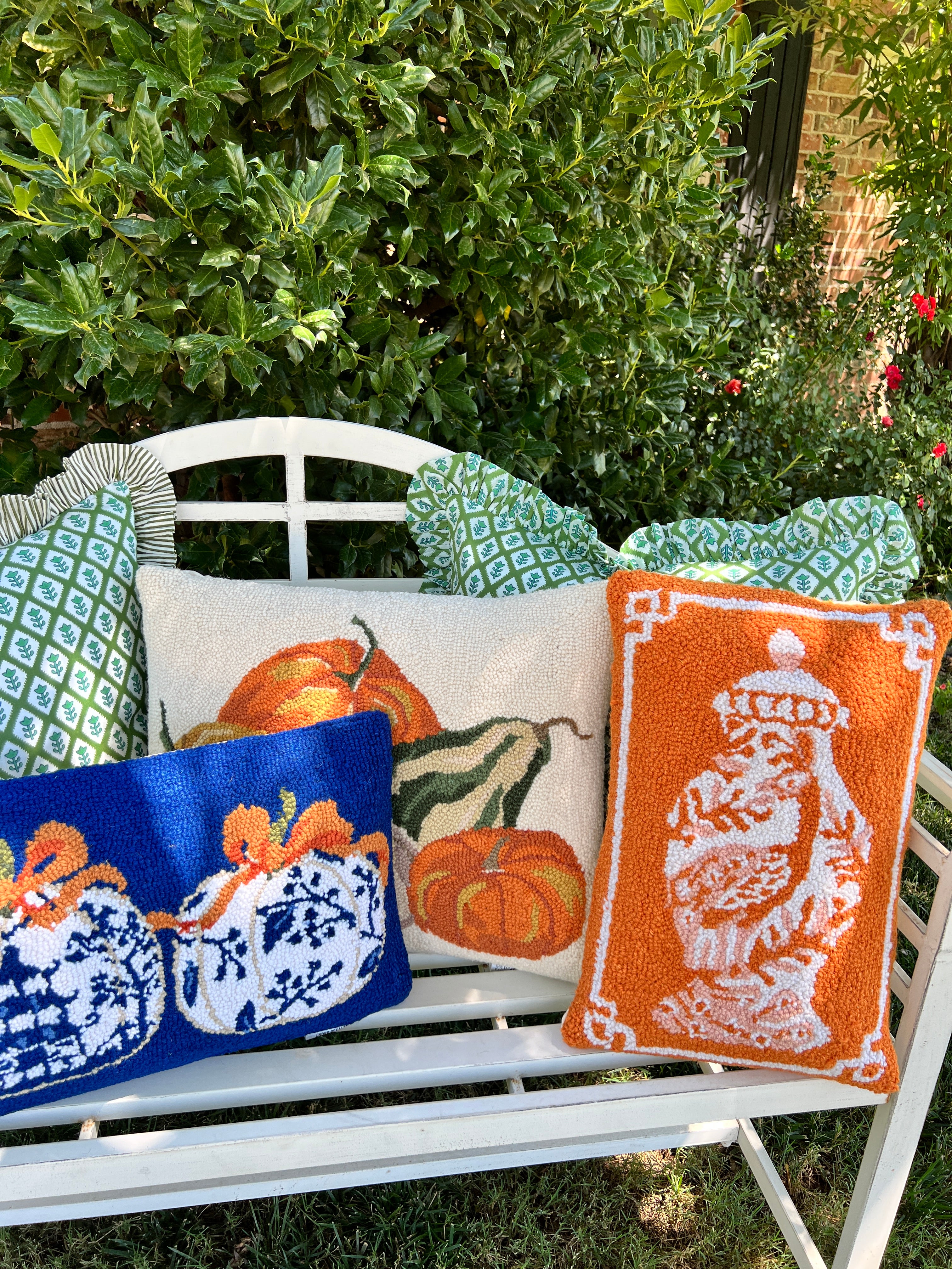 Blue chinoiserie pumpkin hooked pillow
