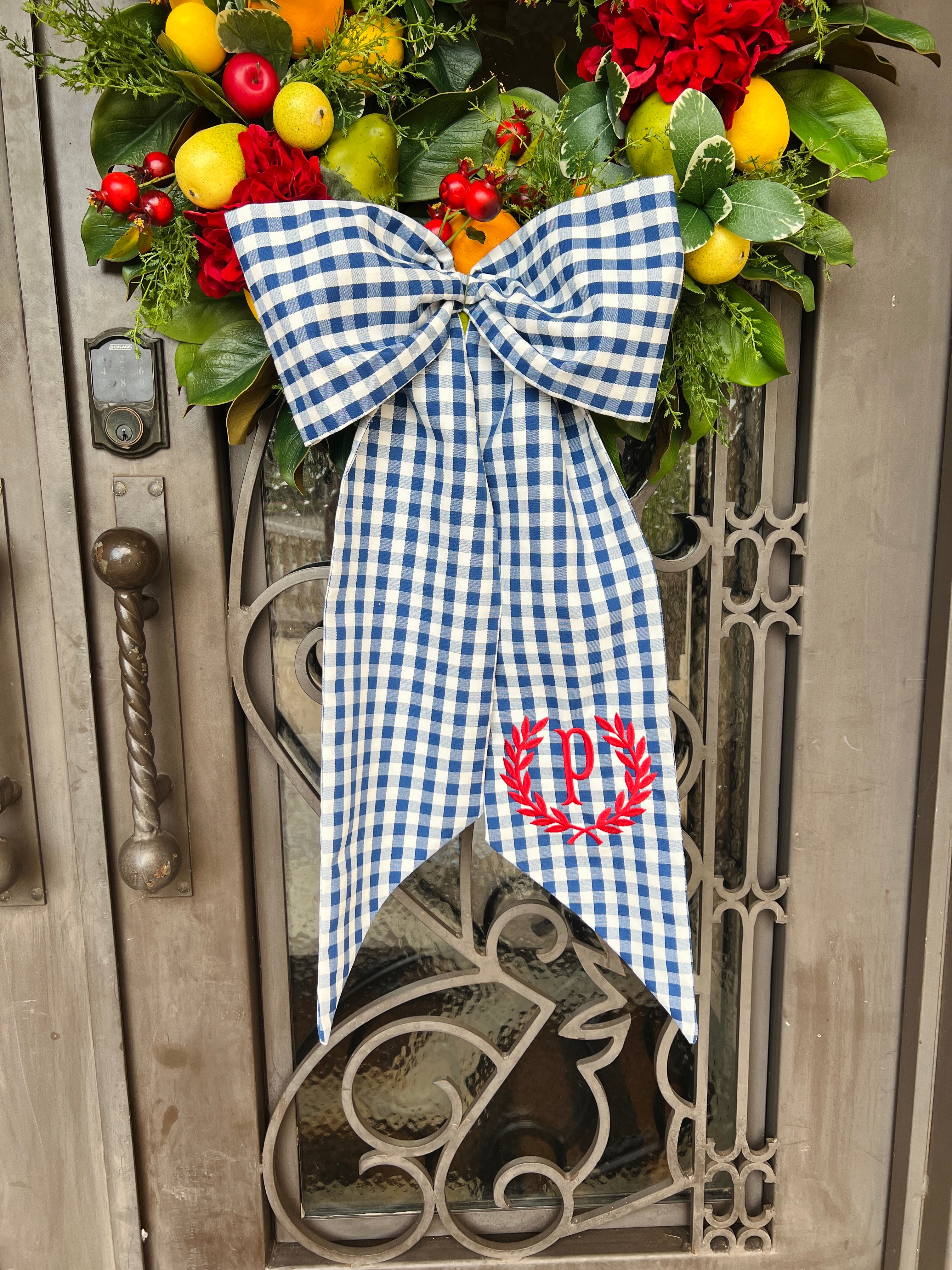 Outdoor Royal gingham check wreath sash, two sizes