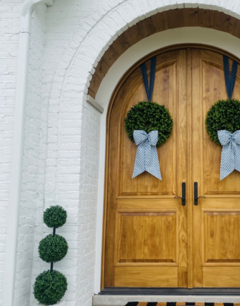 Blue and white block print wreath sash monogram available