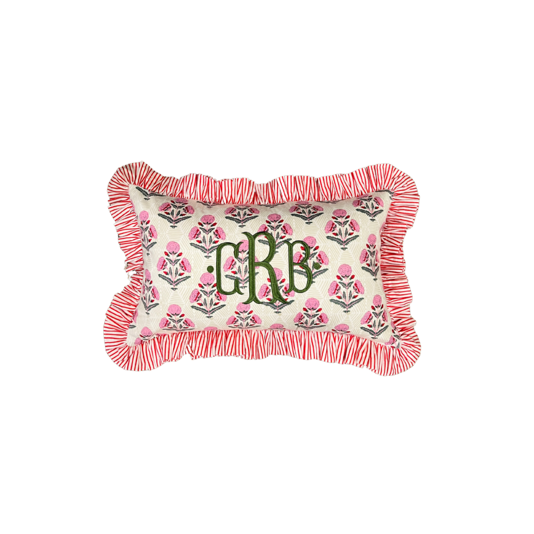 Pink and red floral block print ruffle pillow