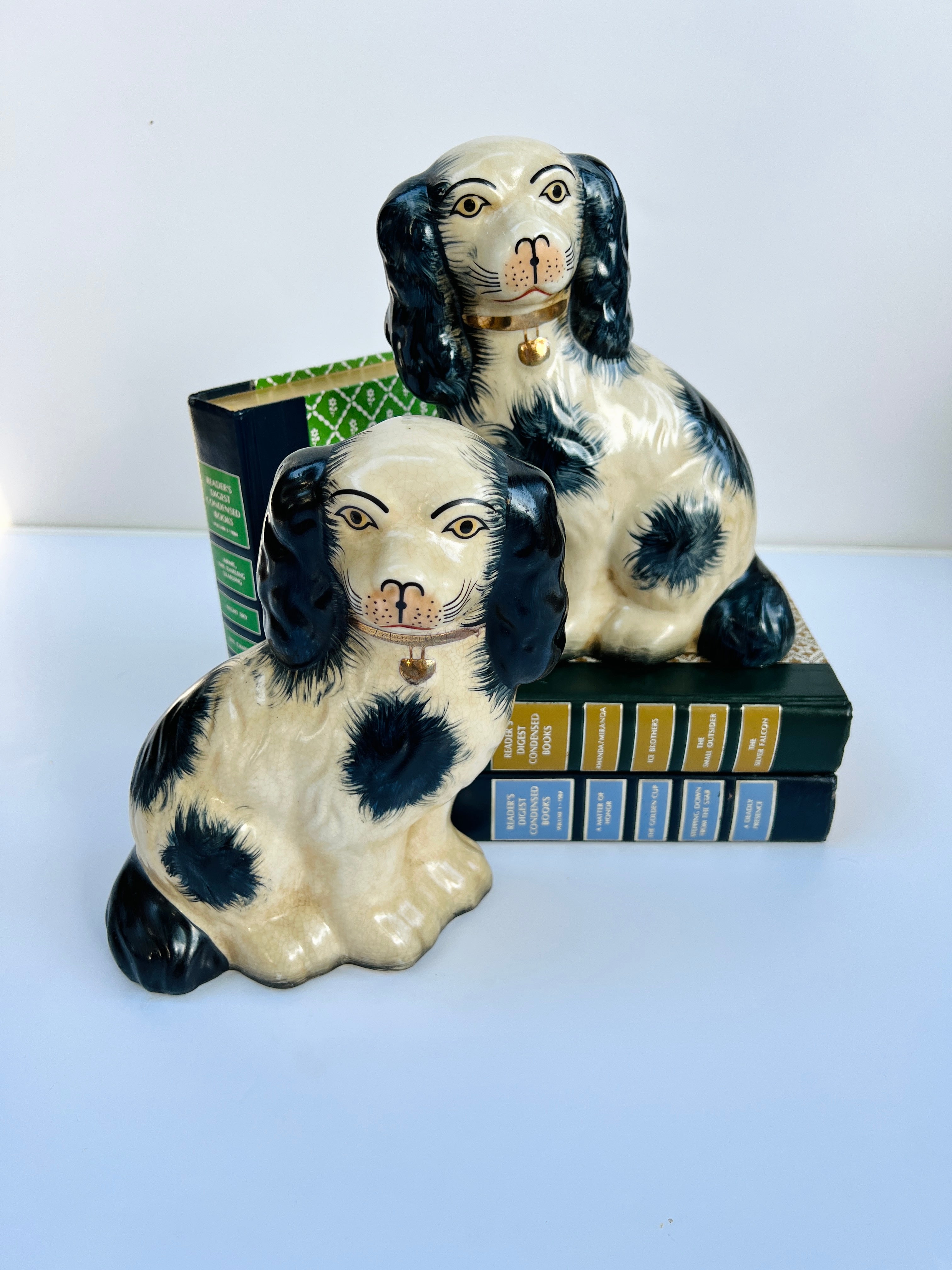 Classic large porcelain Staffordshire dog pair (9.5” tall)
