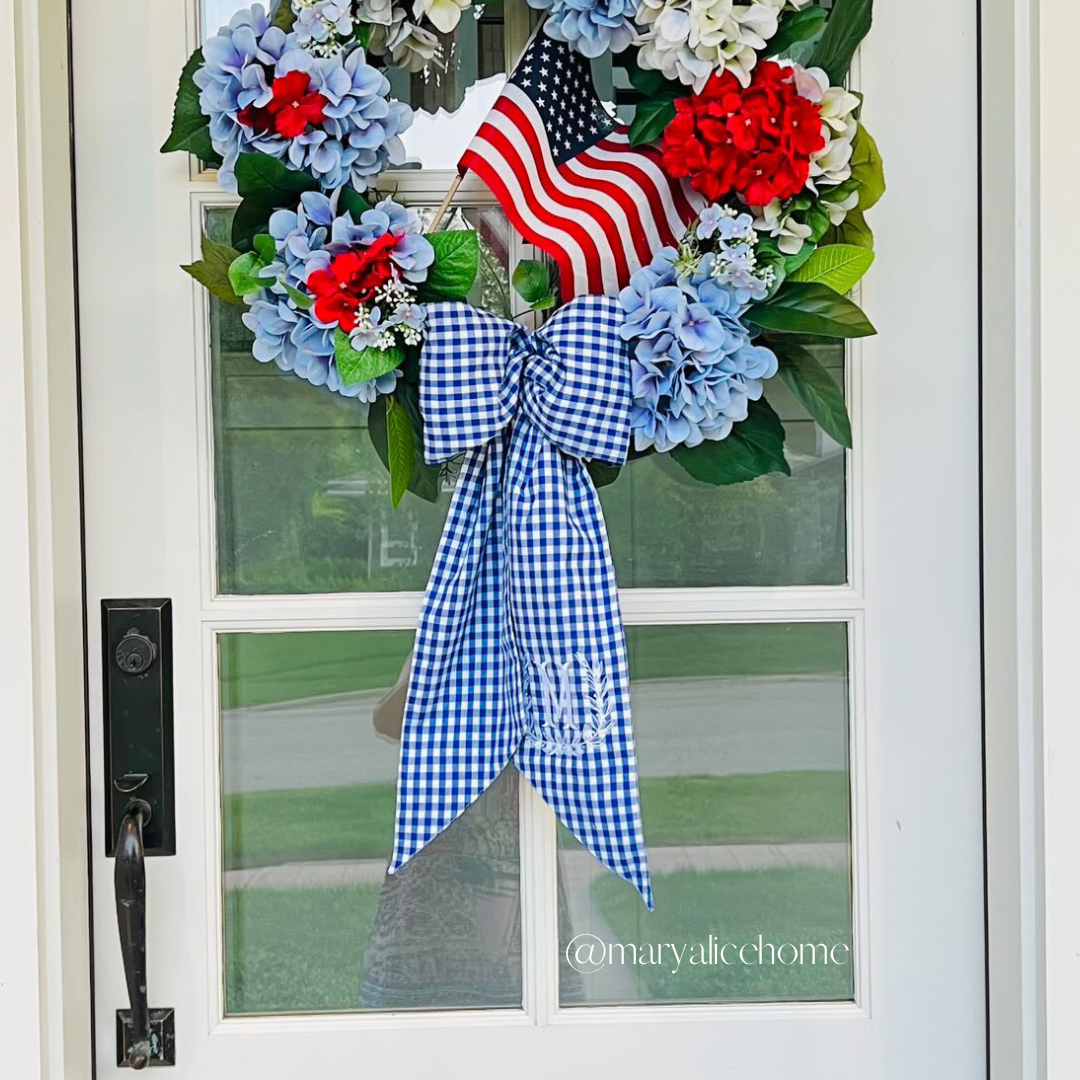 Royal blue and white gingham wreath bow sash custom monogram available