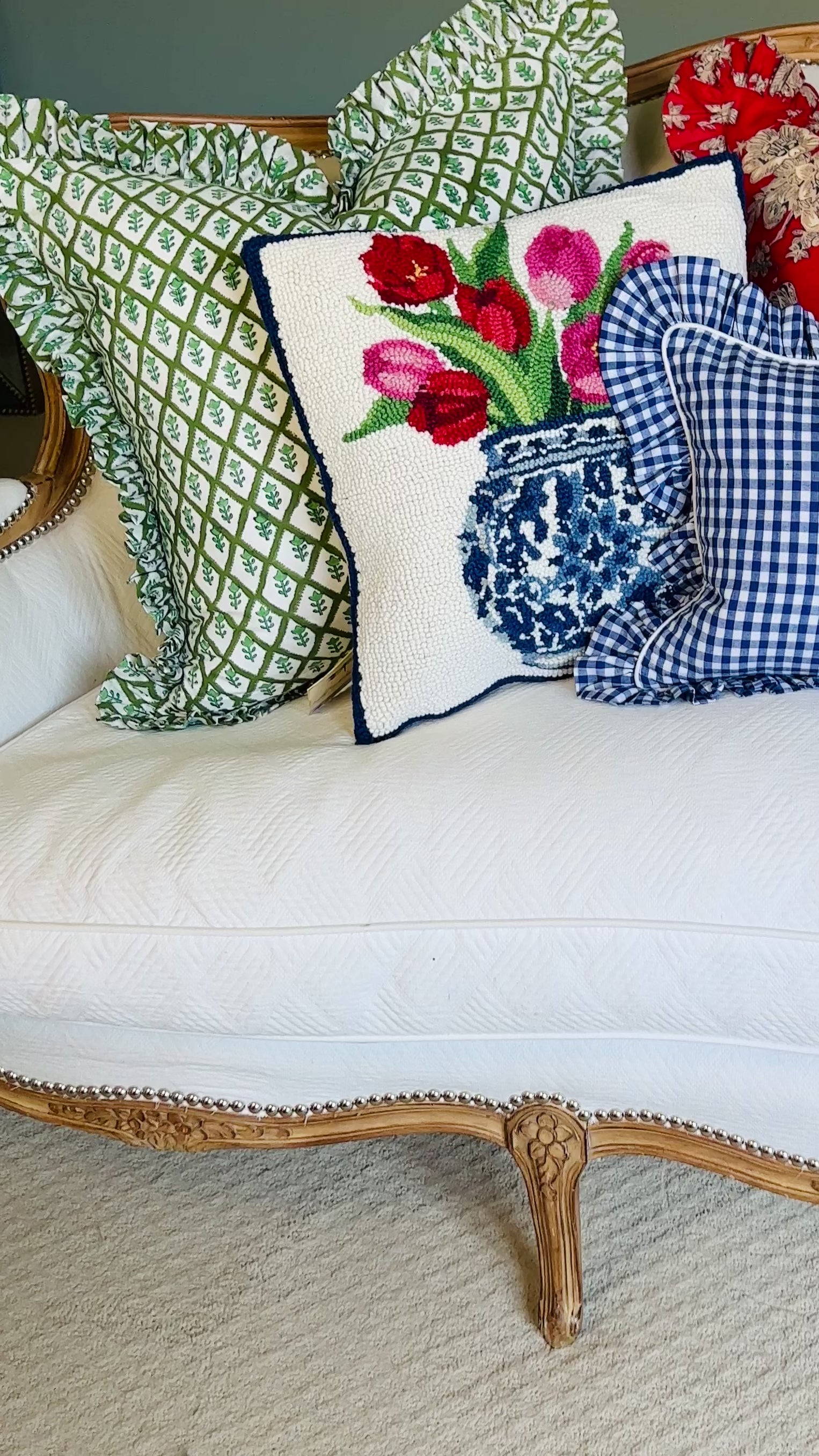 Hand hooked wool tulips and chinoiserie pillow