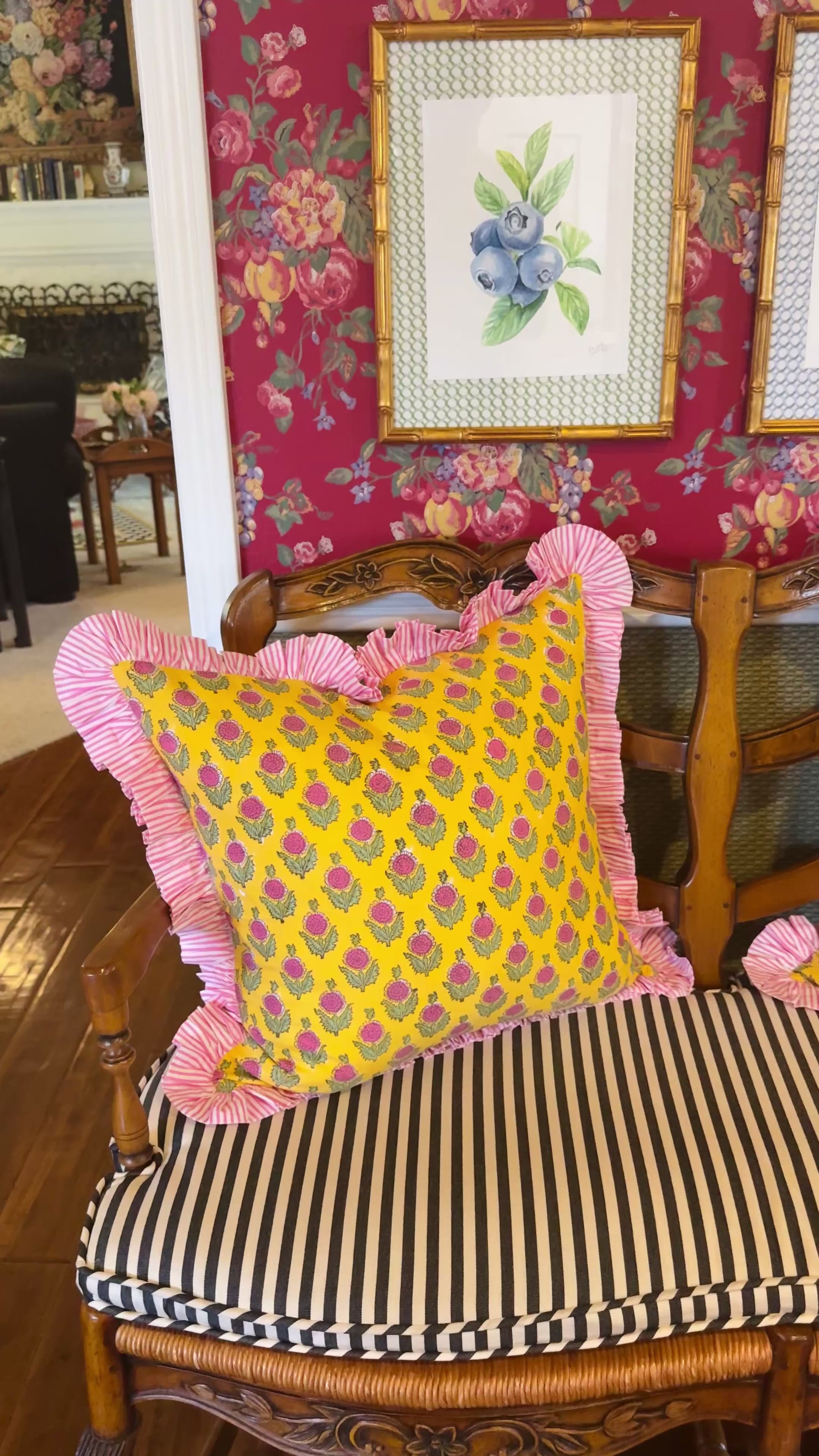 Yellow and pink block print floral pillow cover with pink striped ruffle, monogram available