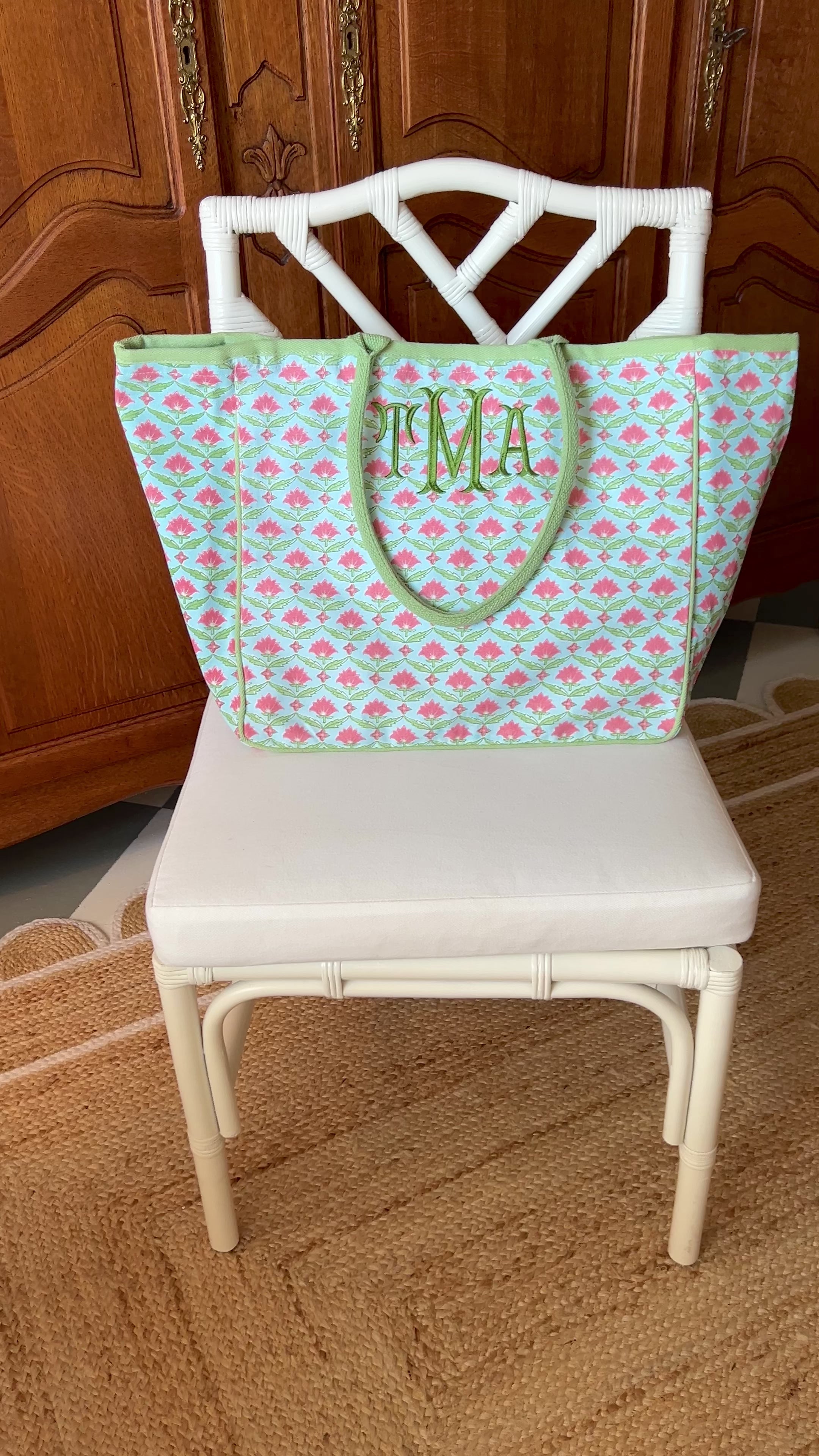 Floral block print tote bag, 3 colors, monogram available
