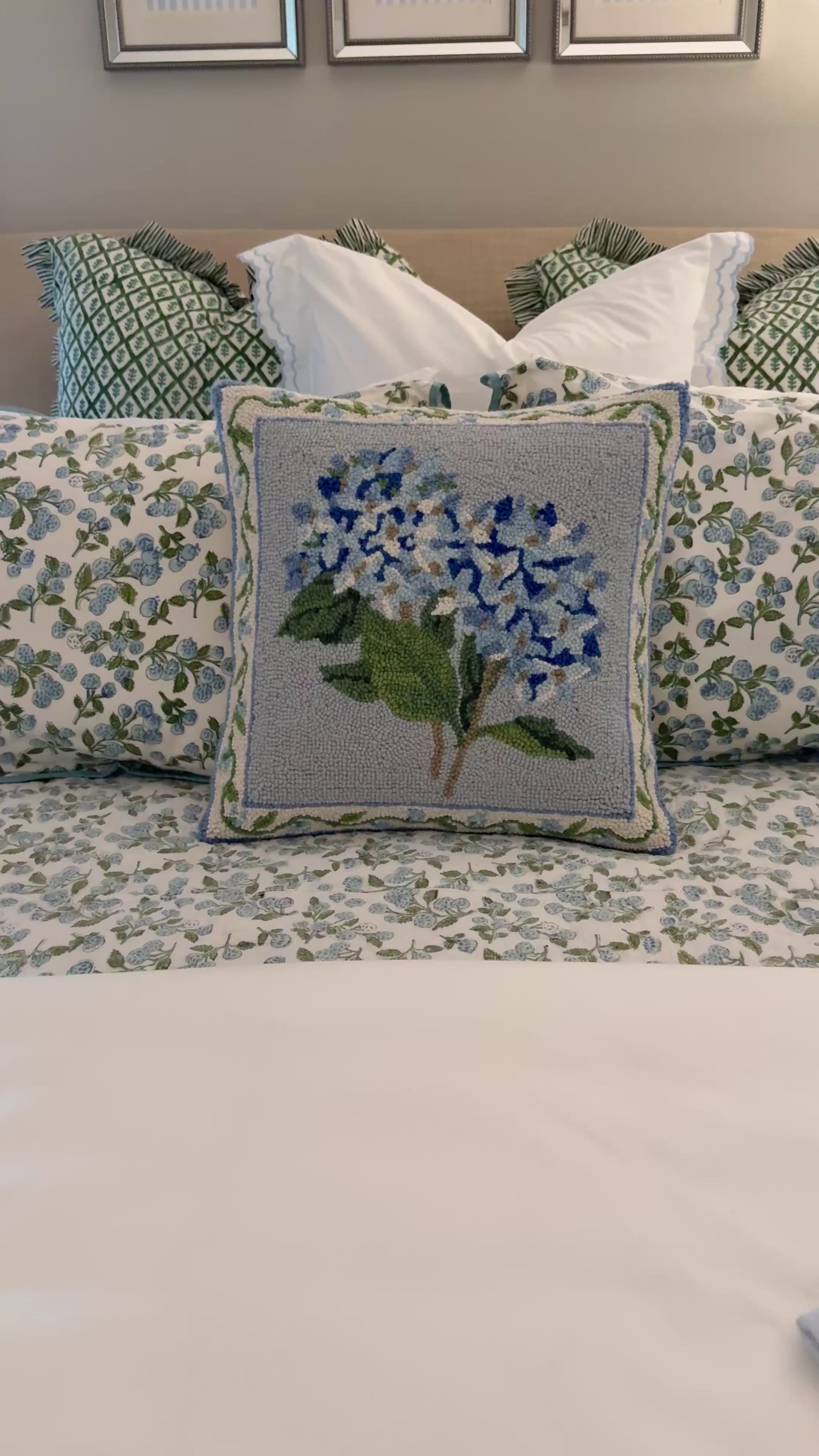 Blue hydrangea hooked wool pillow
