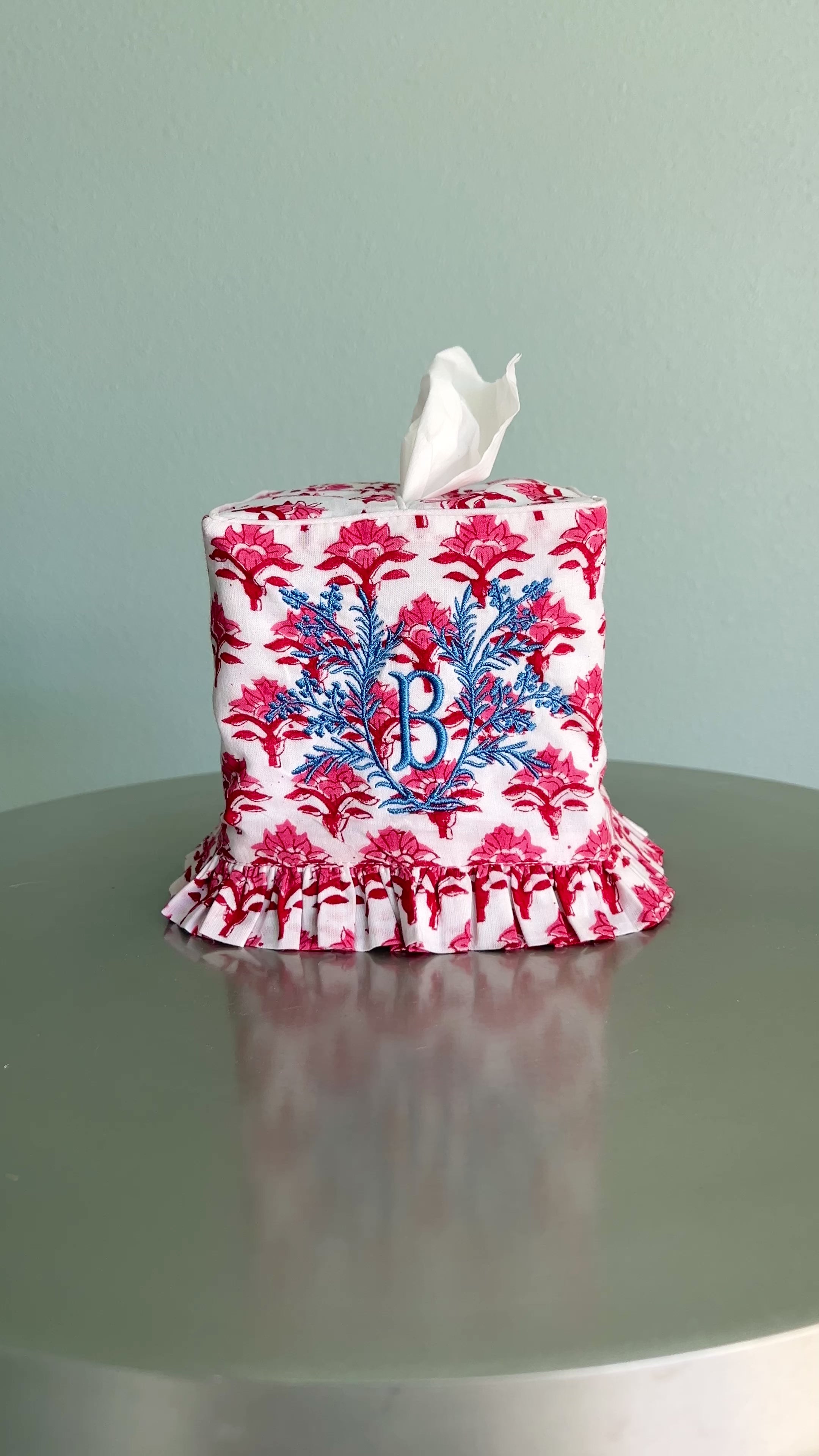 Red and pink block print ruffle tissue cover, custom monogram available