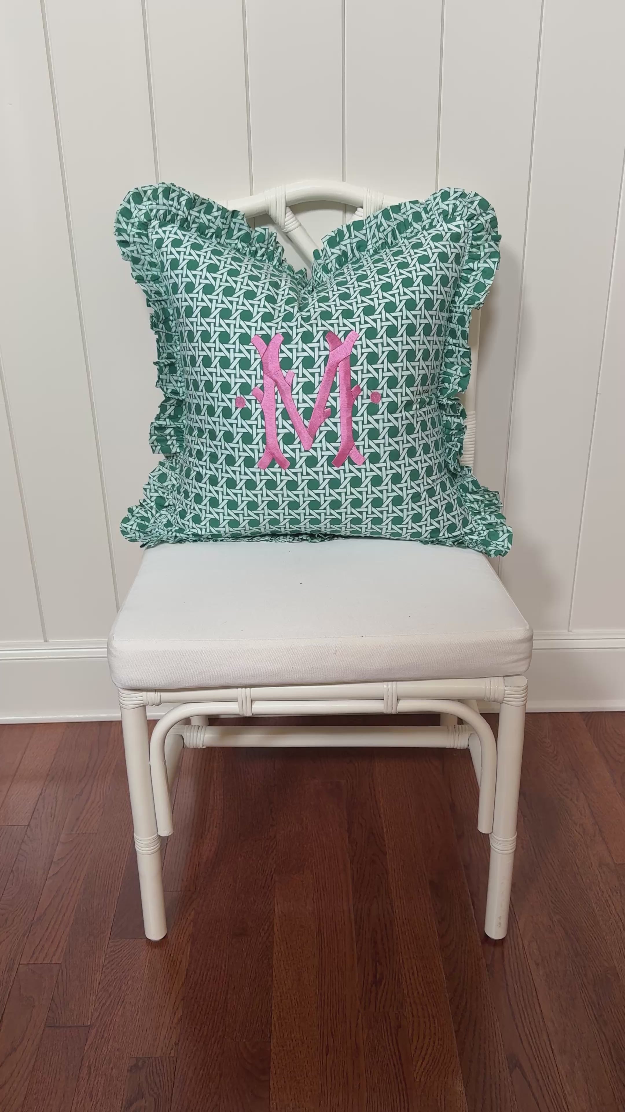 Emerald green cane trellis block print pillow cover, monogram available