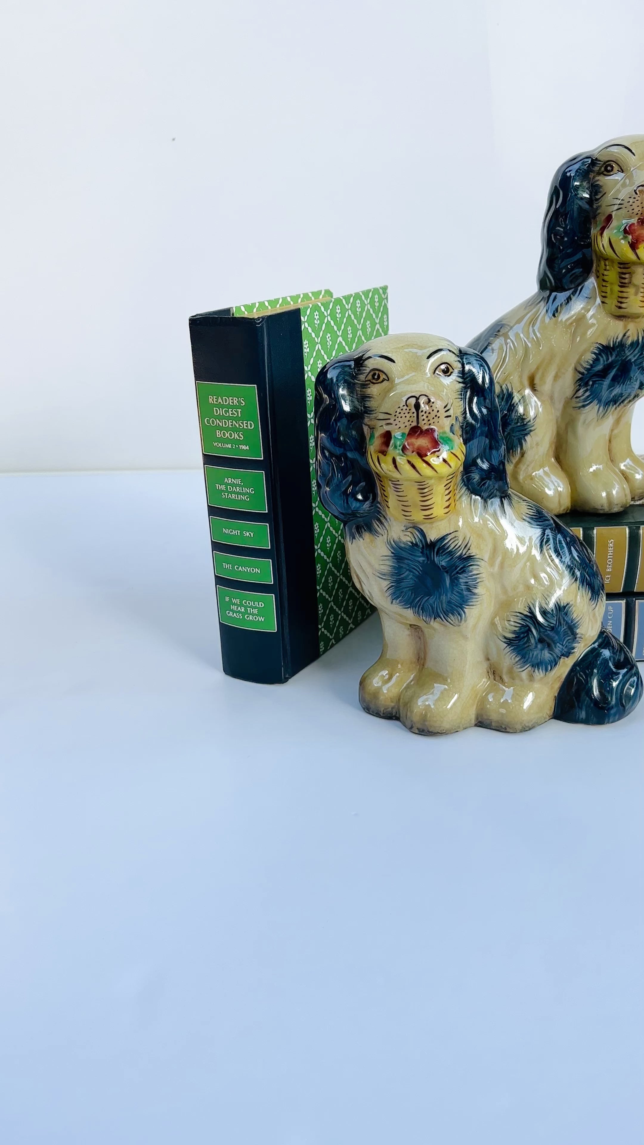 Staffordshire dog pair with flower baskets- blue