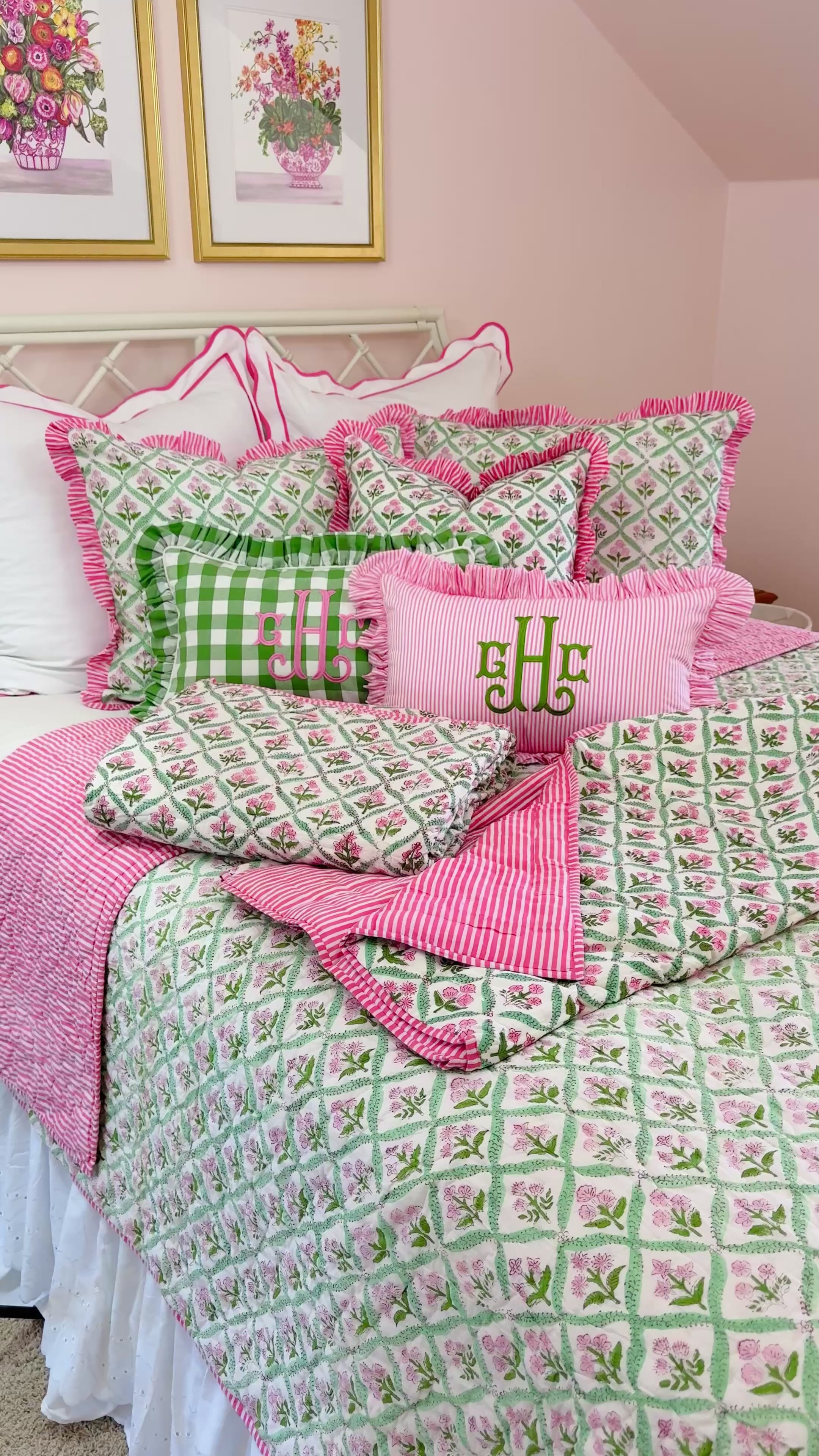 Hot pink and green floral trellis block print bedding collection