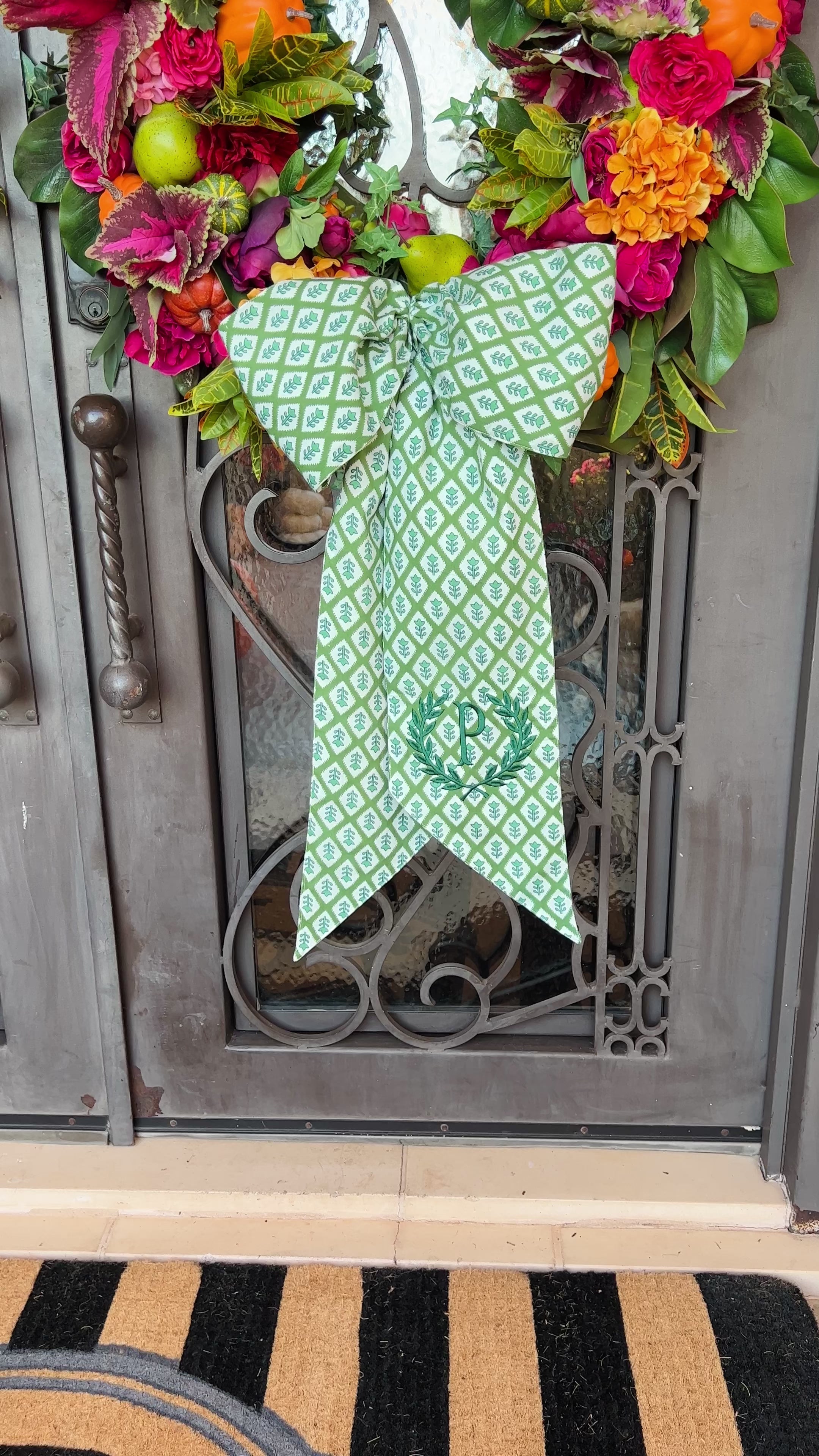 Green block print wreath sash