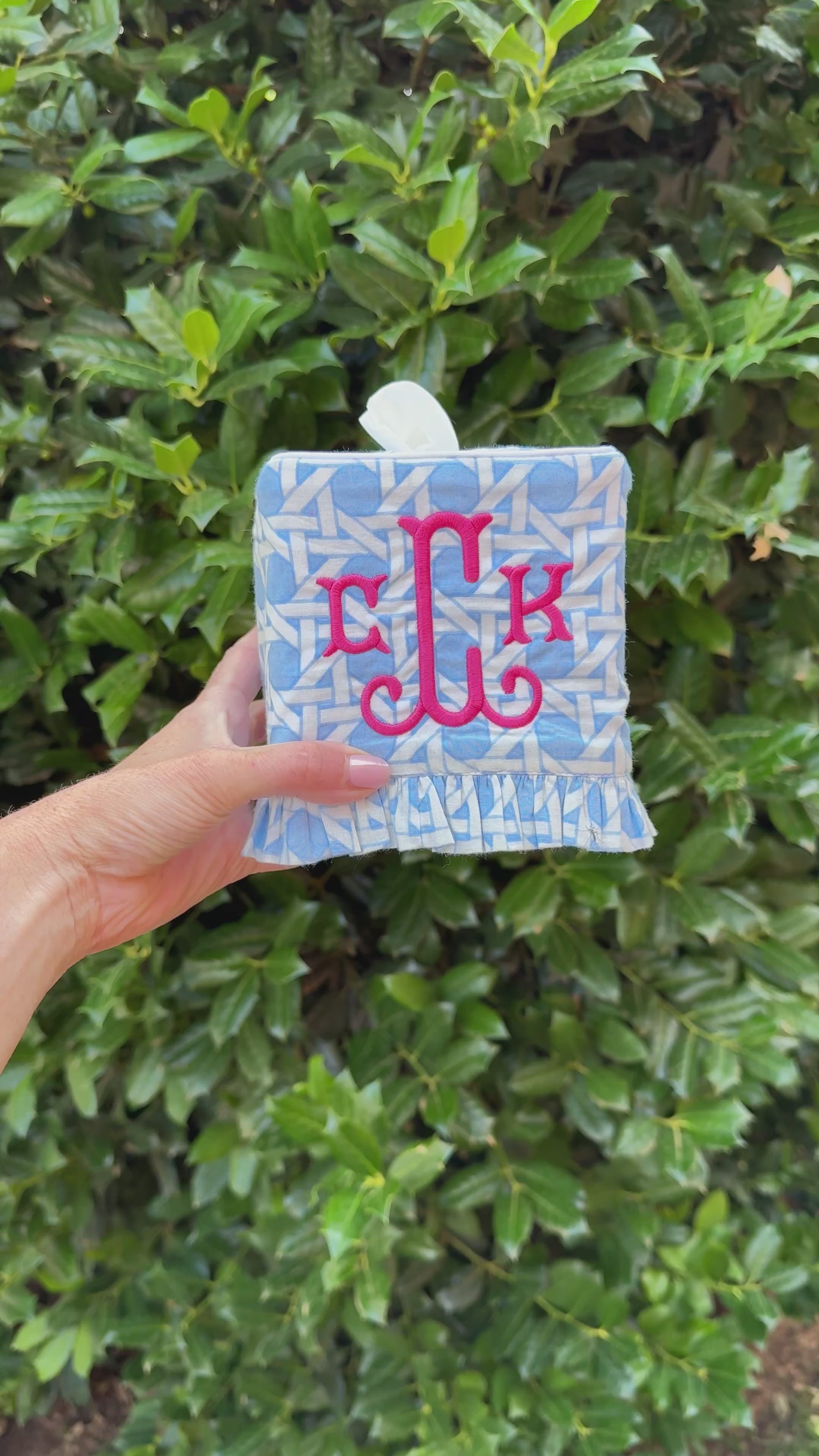 Light blue cane trellis block printed ruffle tissue cover, custom monogram available