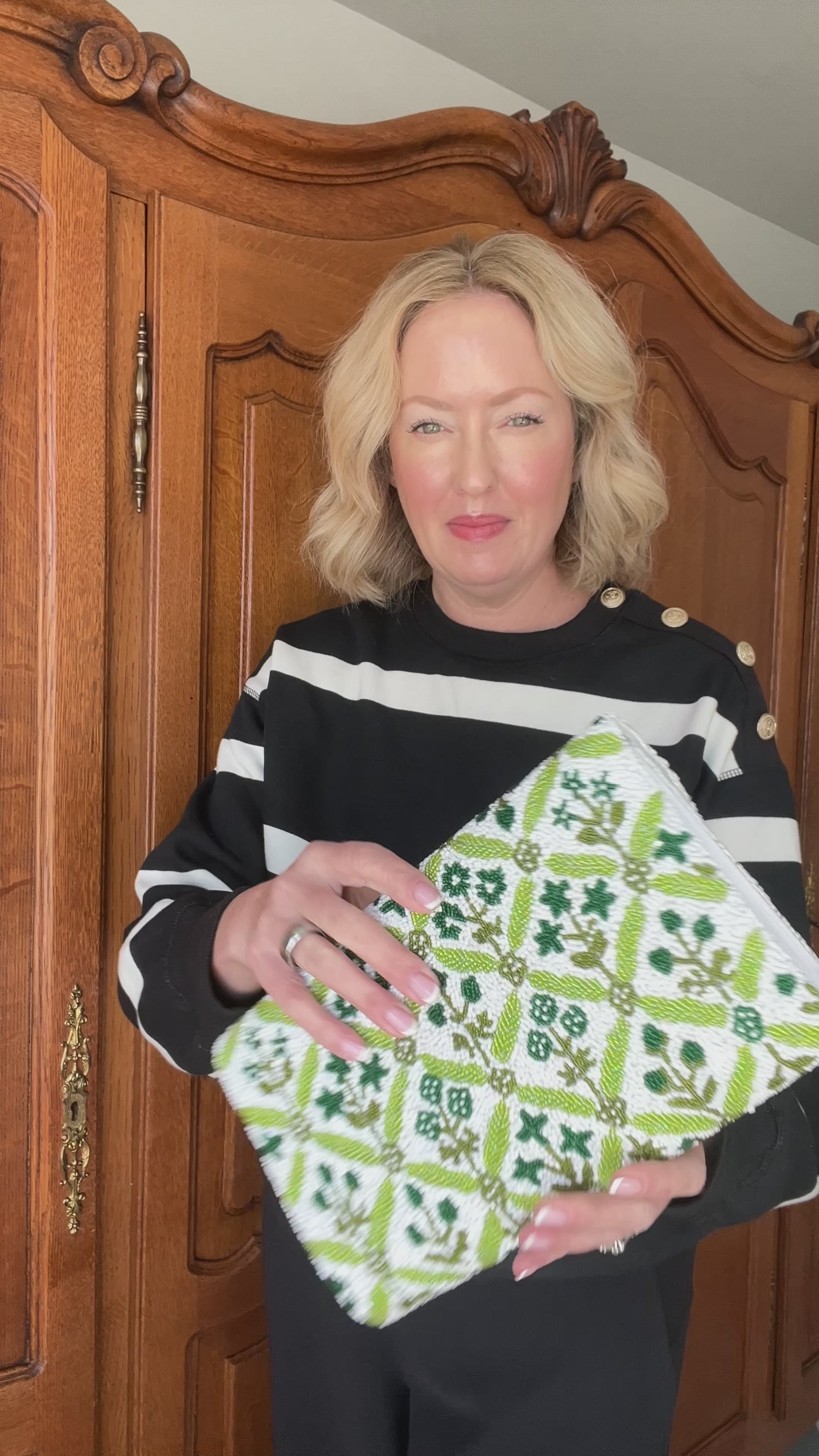 Hand beaded green and white block print floral trellis clutch