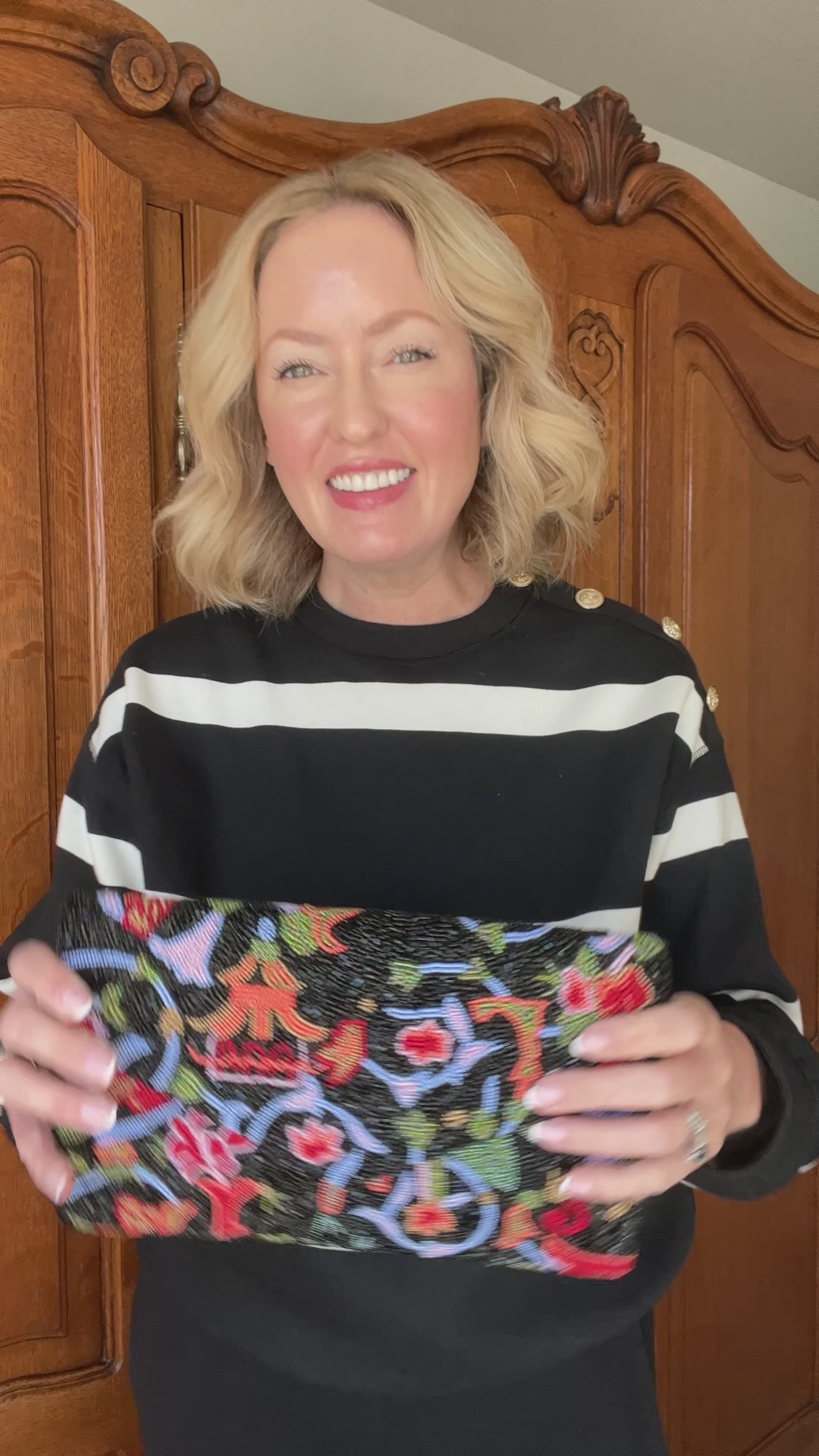 Hand beaded clutch handbag, black chinoiserie pattern