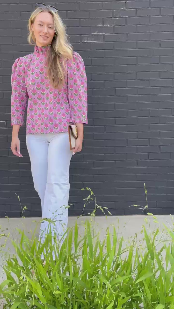 Maisie bow back top in Pink Posy block print