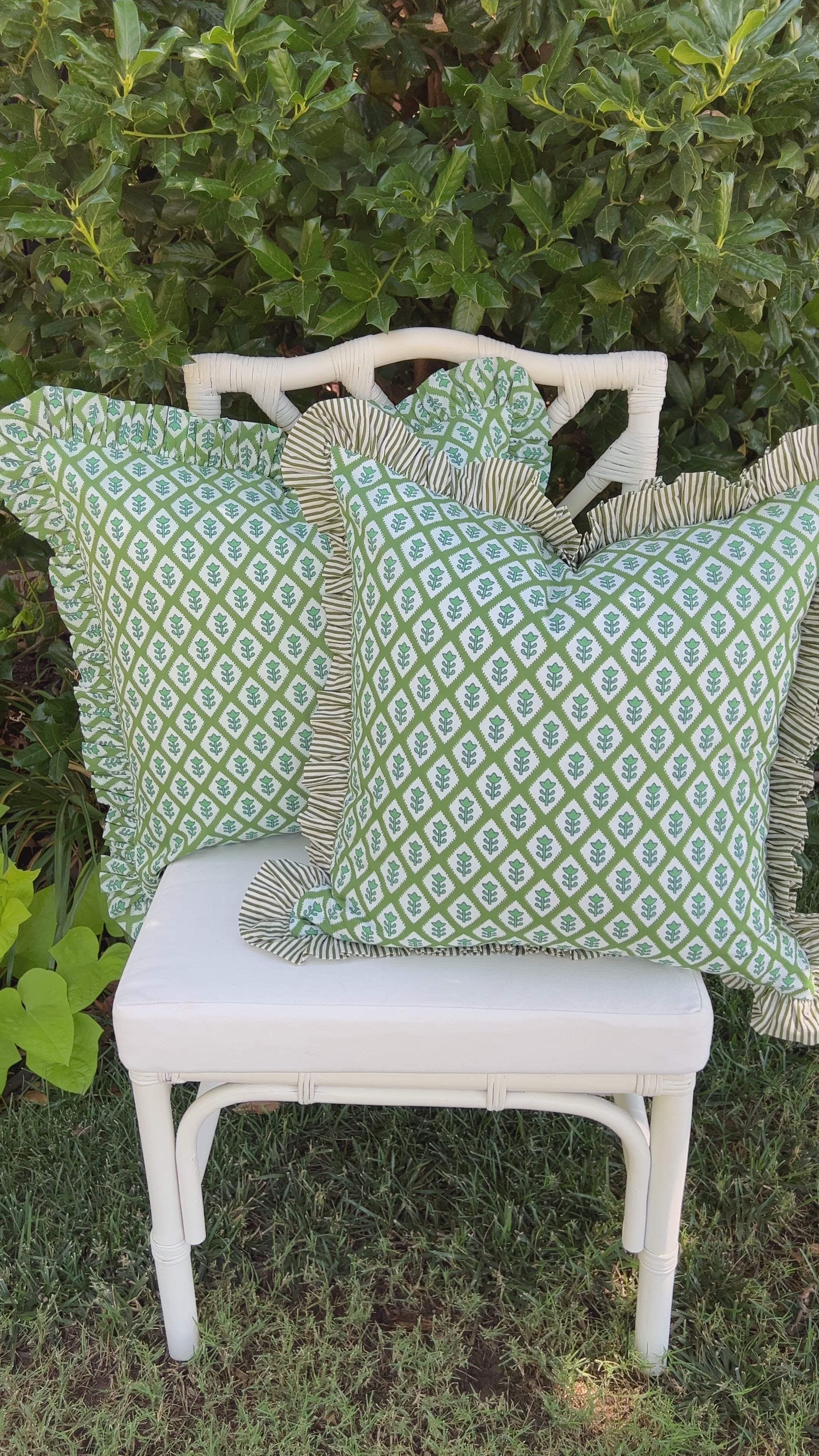 Green block print pillow cover with ruffle flange