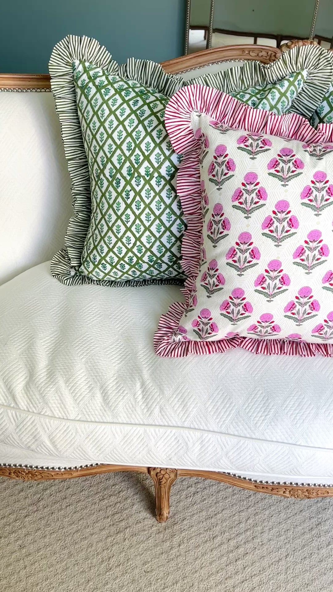 Pink and red floral block print ruffle pillow