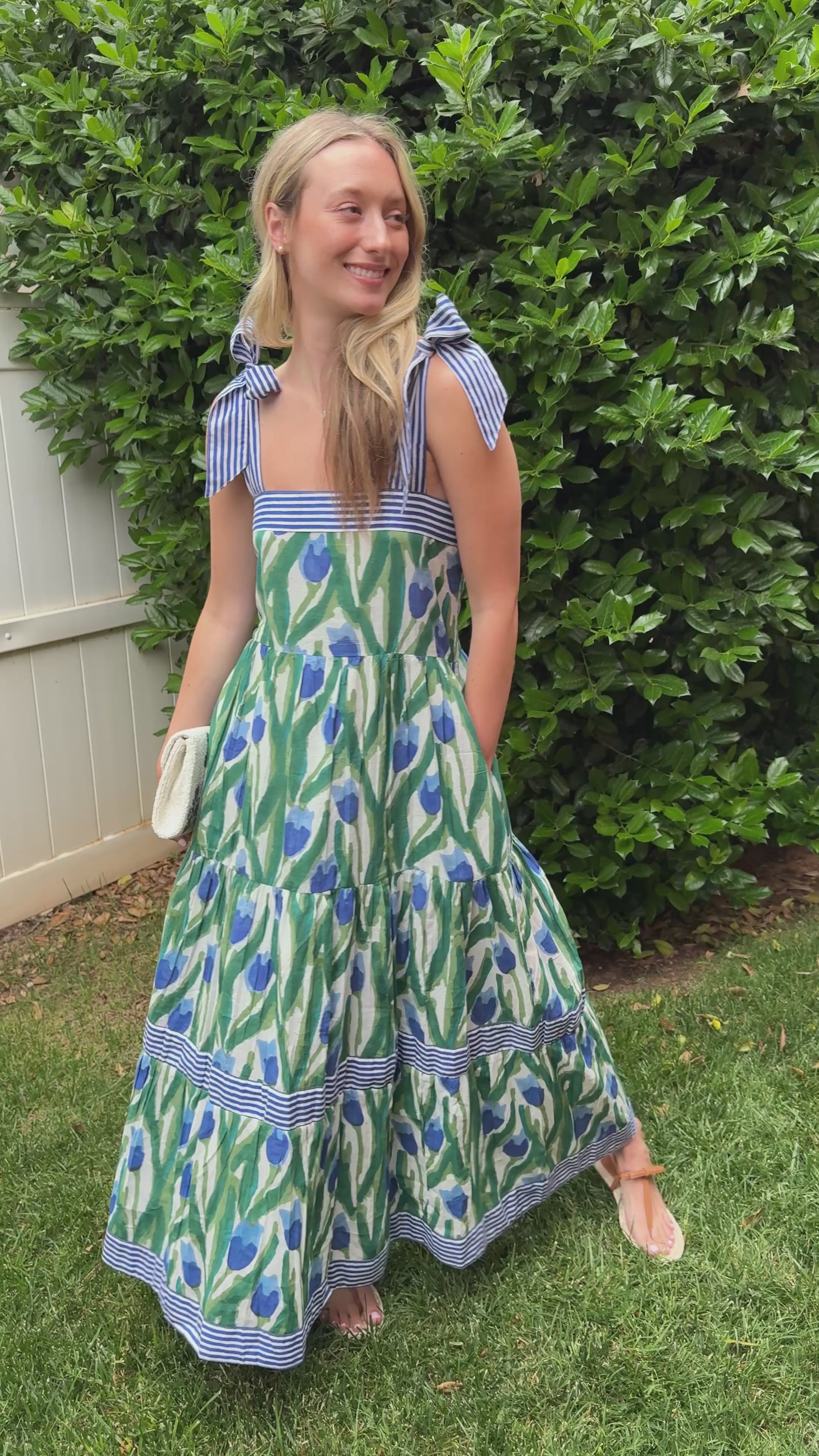 Maisie Maxi Dress in blue and green tulip block print