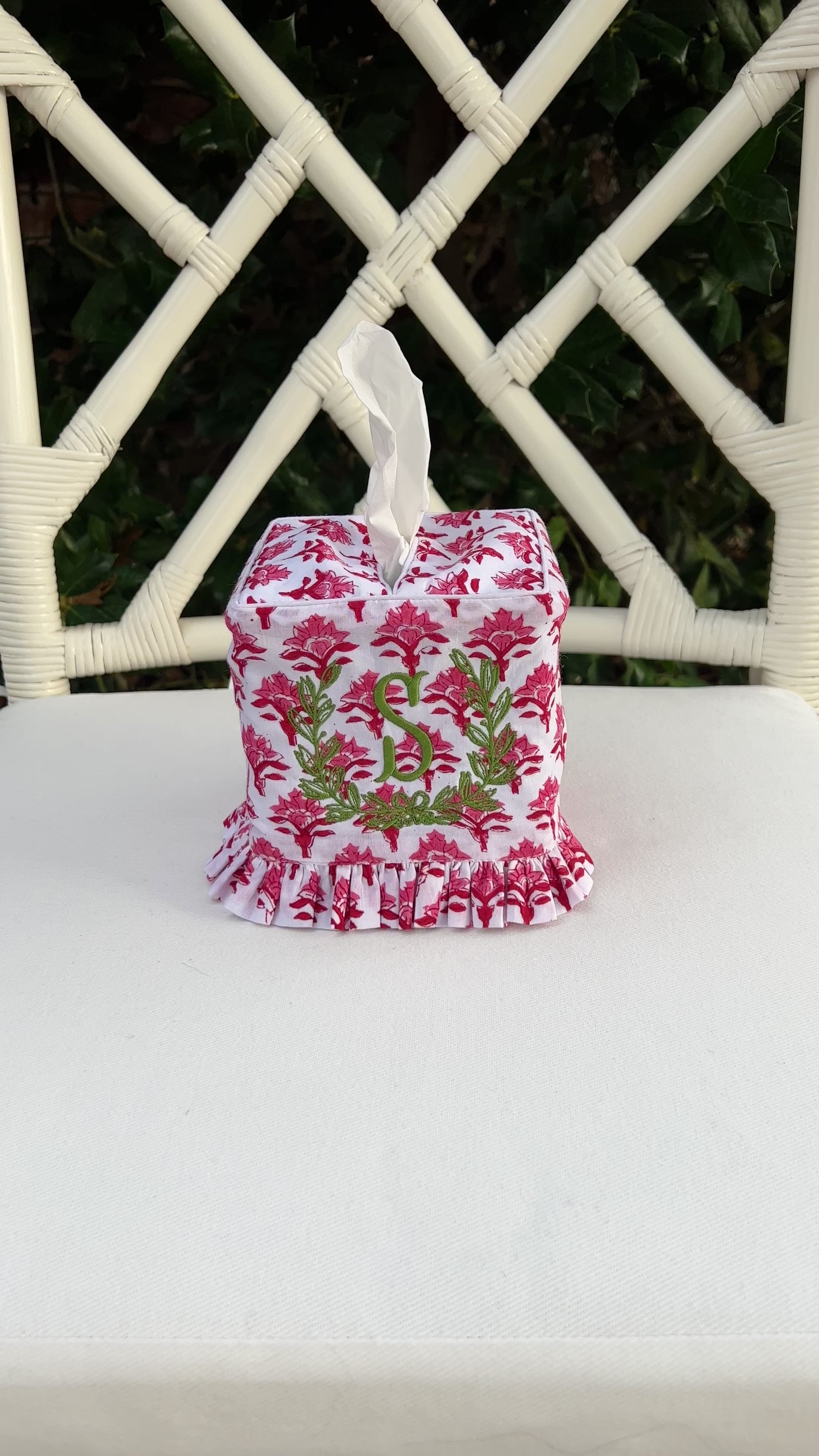Red and pink block print ruffle tissue cover, custom monogram available