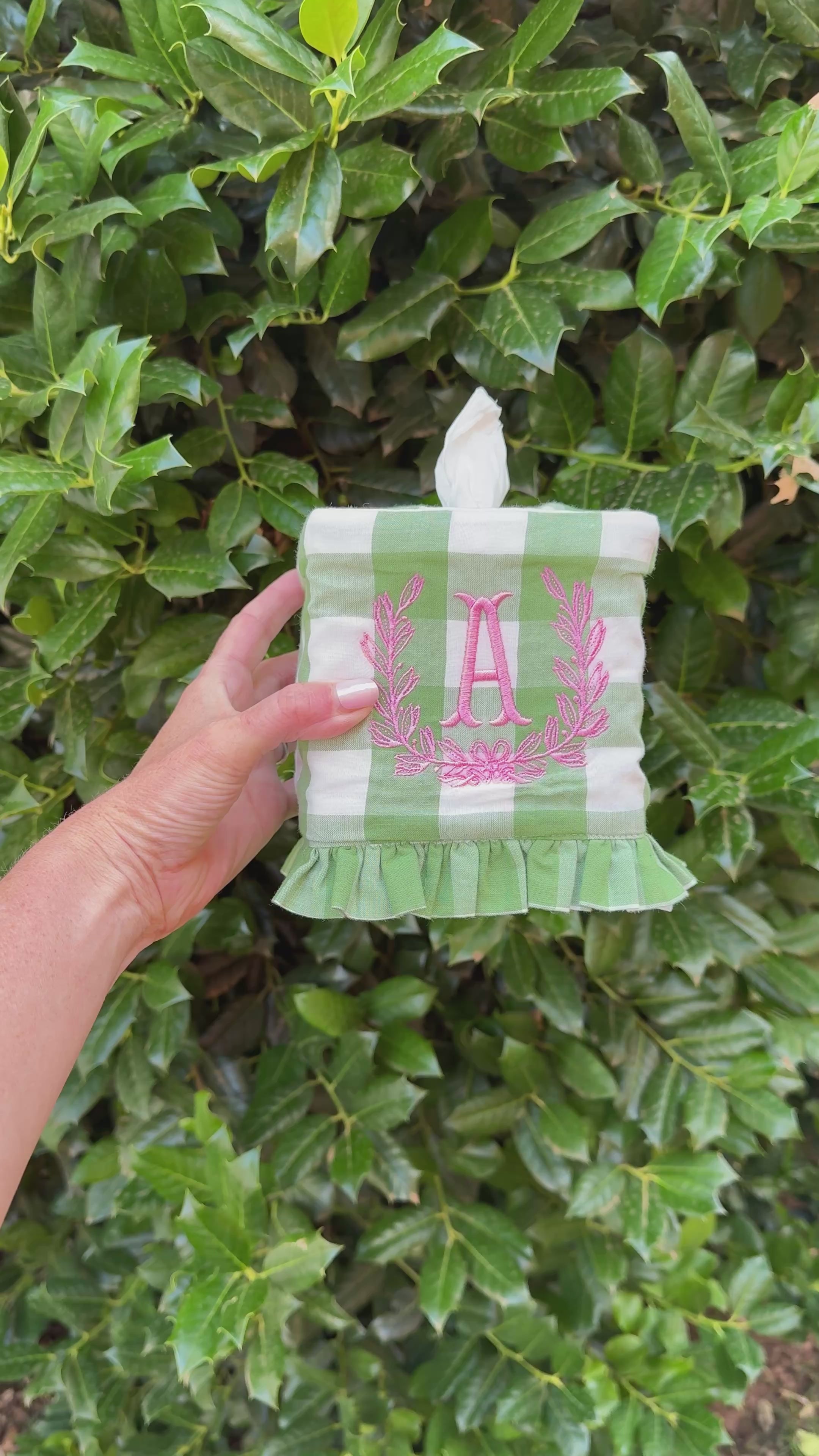 Fern green check ruffle tissue cover, custom monogram available