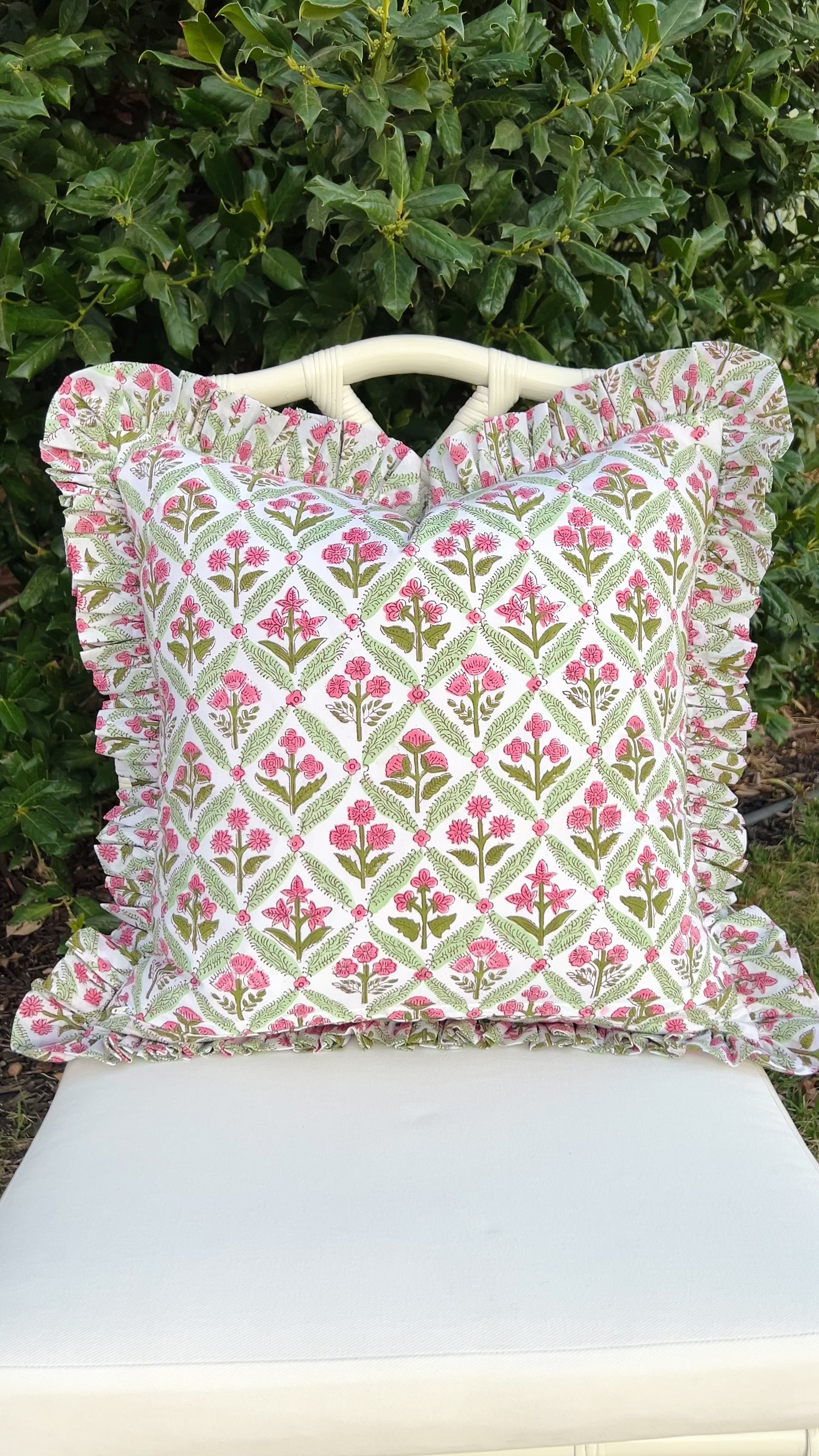 Rose and green floral trellis block print ruffle pillow cover