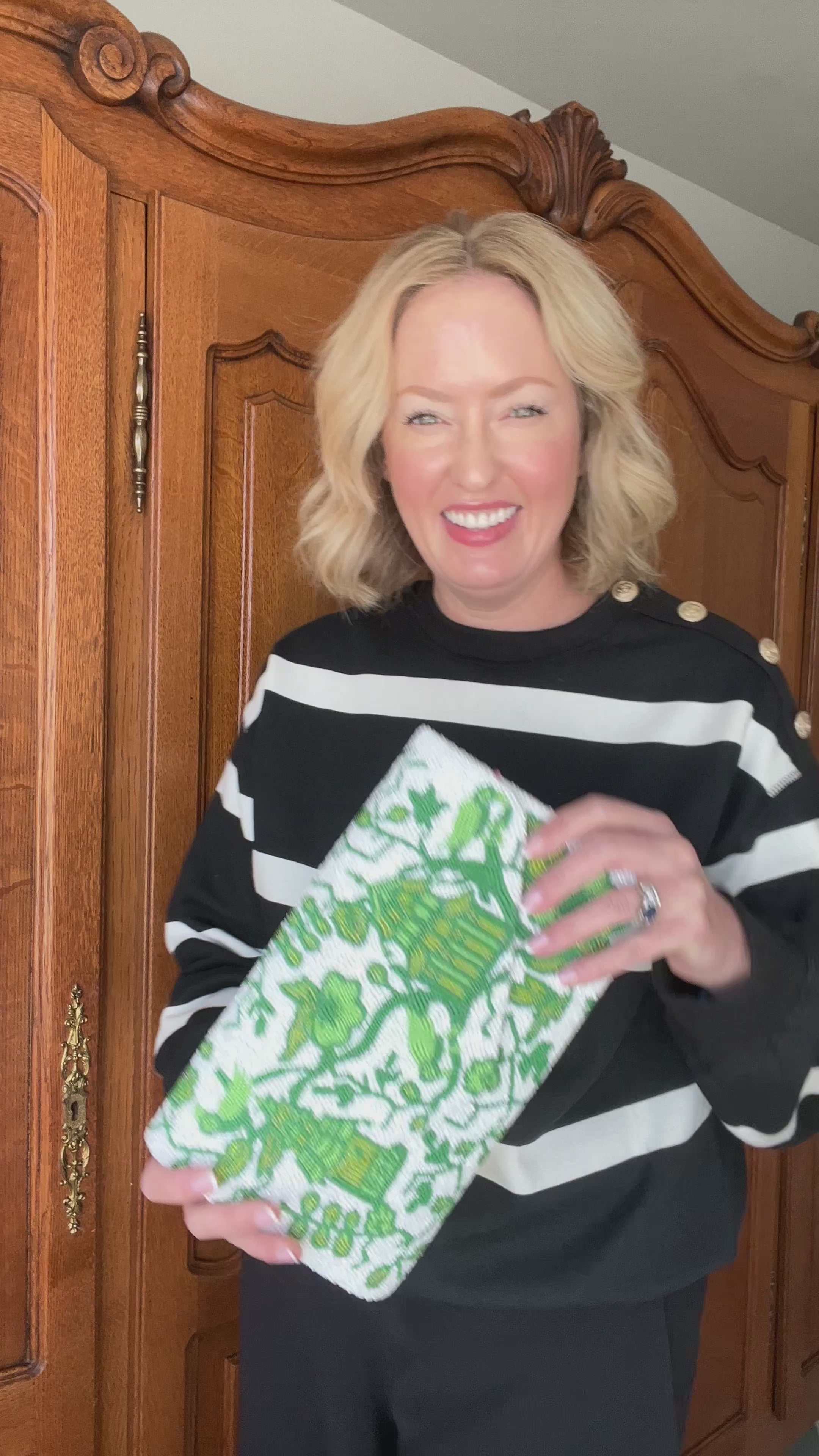 Hand beaded green and white chinoiserie clutch
