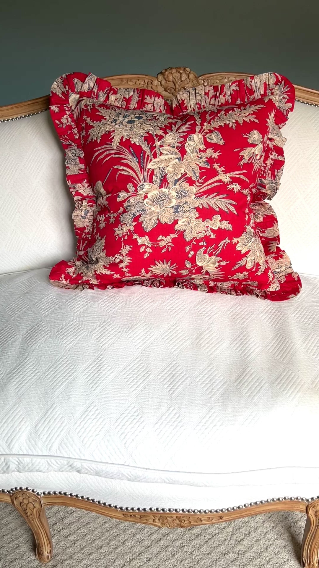 Red floral toile pillow cover with ruffle trim