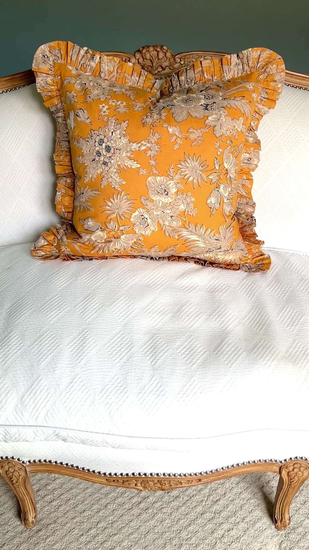 Marigold yellow floral toile pillow cover with ruffle trim