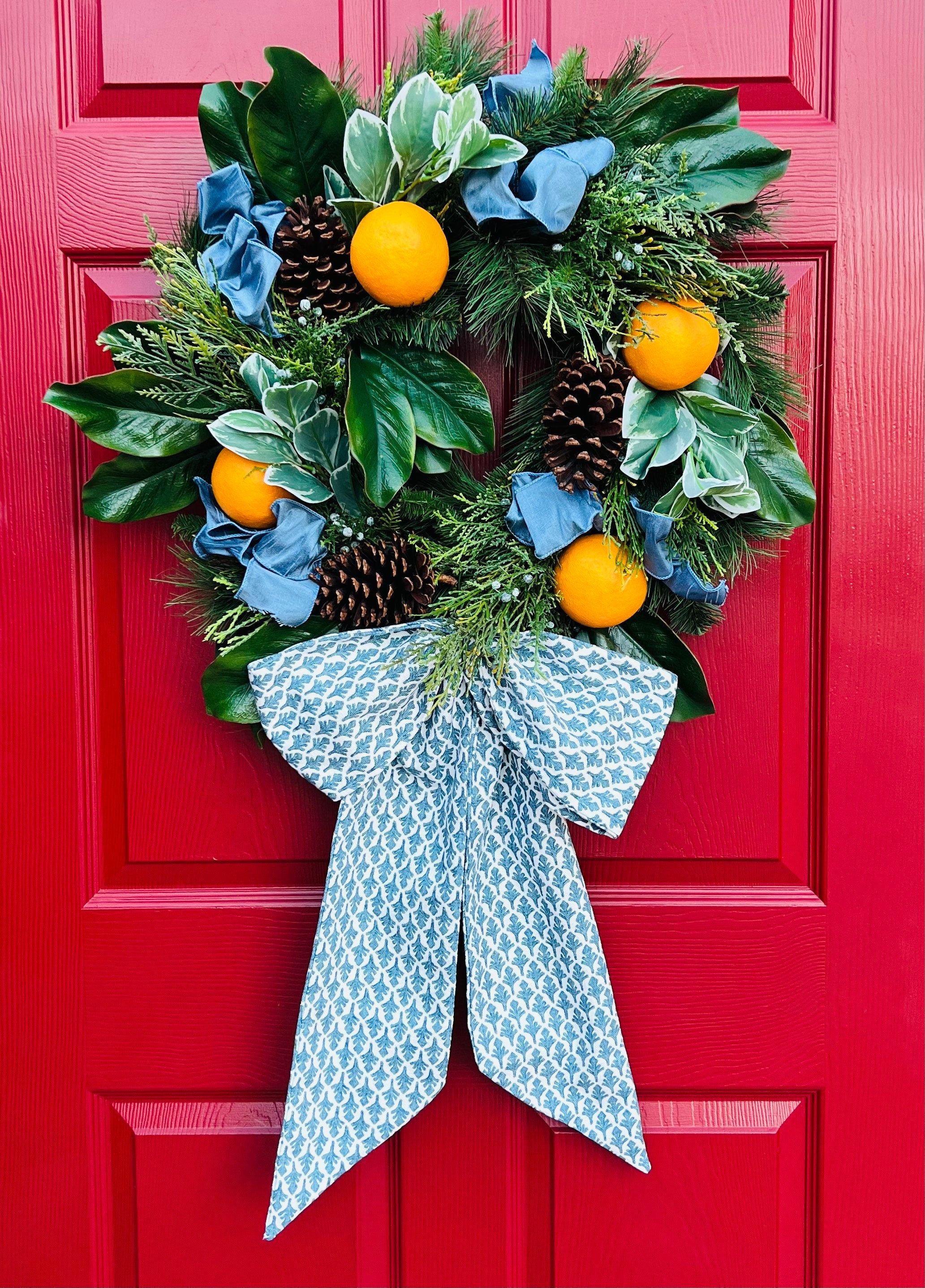 Blue and white block print wreath sash monogram available
