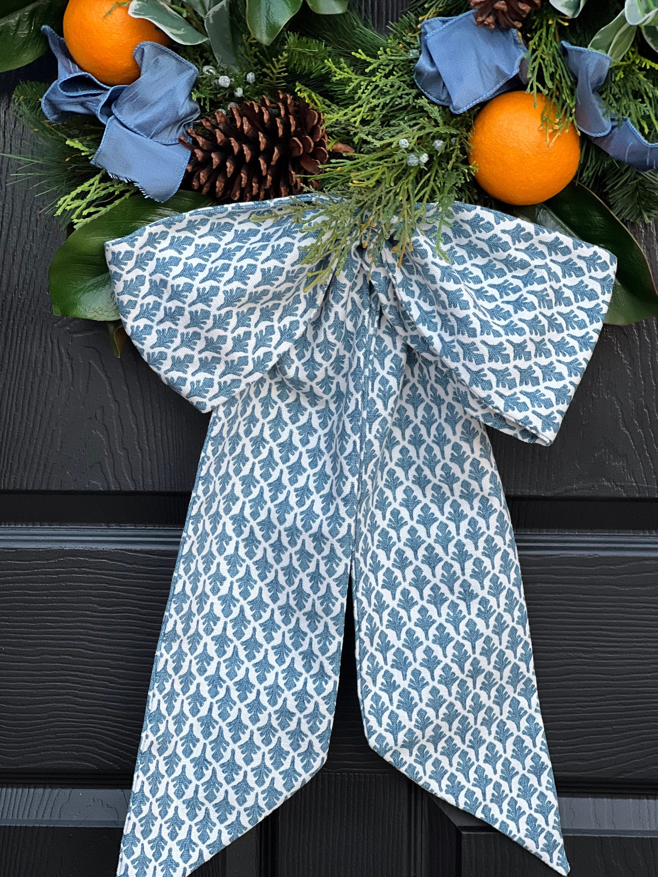 Blue and white block print wreath sash monogram available