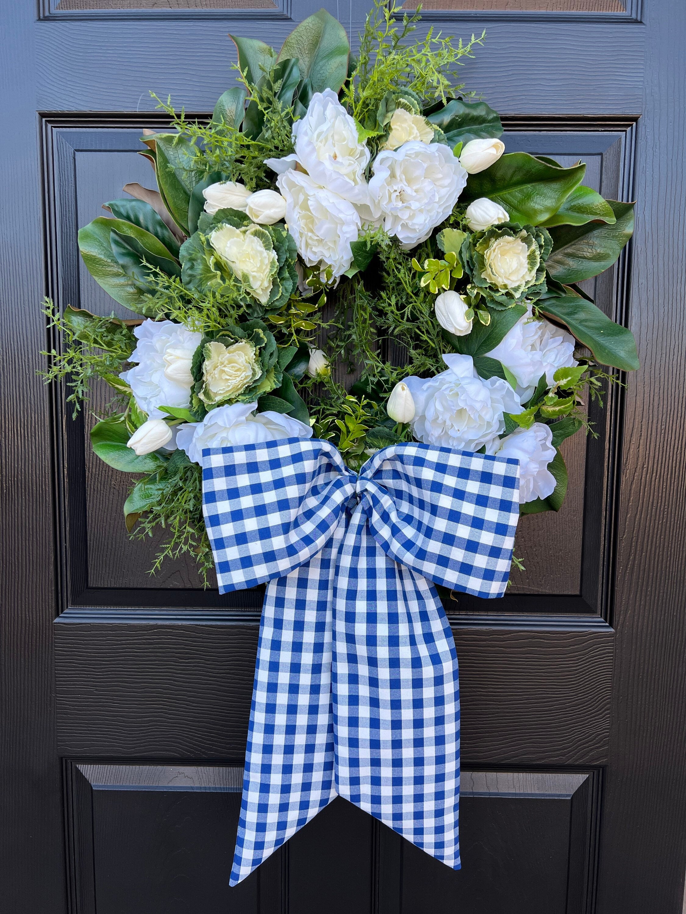 Outdoor wreath sash blue gingham monogram available