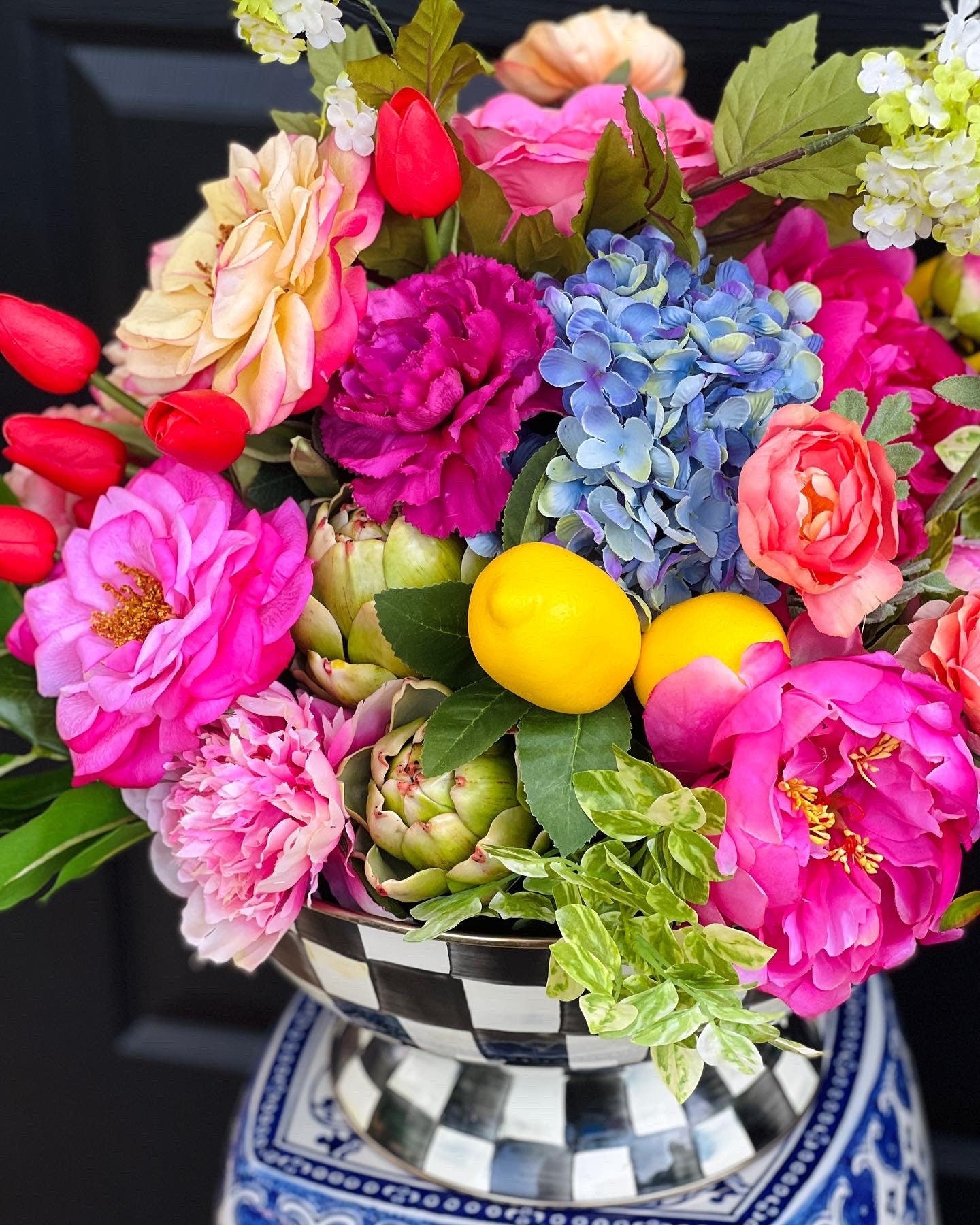 Large bowl drop-in faux floral arrangement (checked bowl not included)