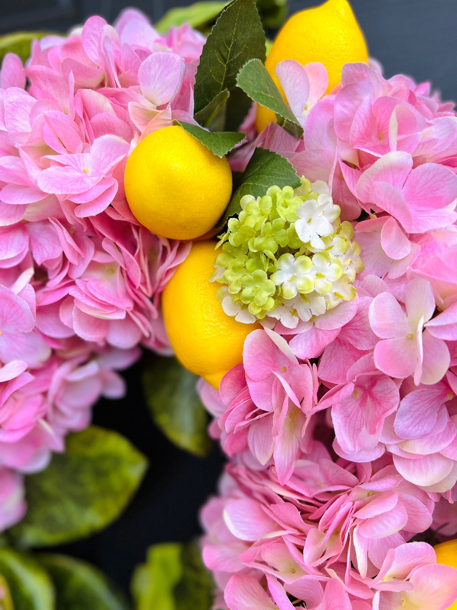 The pink hydrangea and lemon wreath