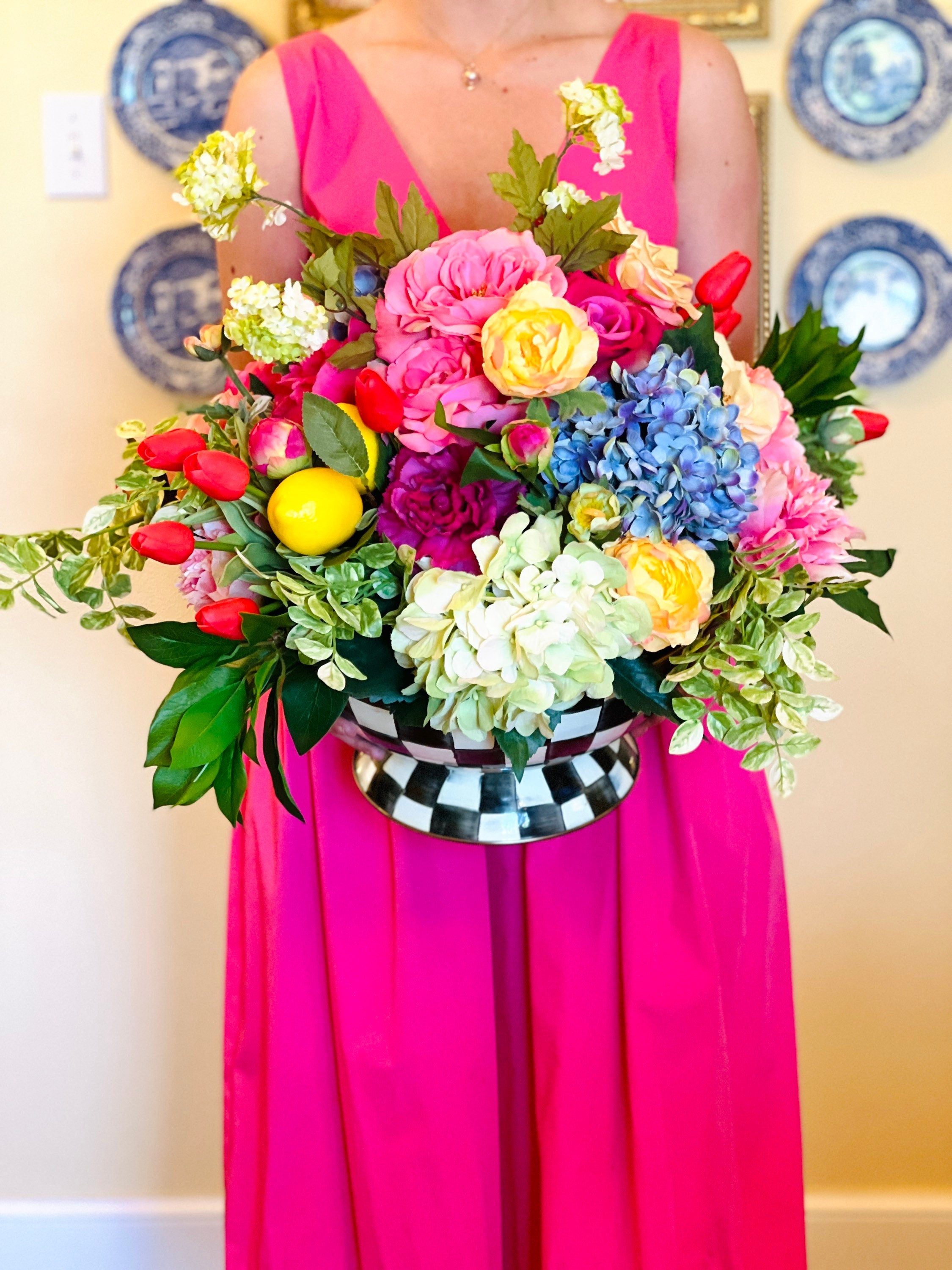 Large bowl drop-in faux floral arrangement (checked bowl not included)
