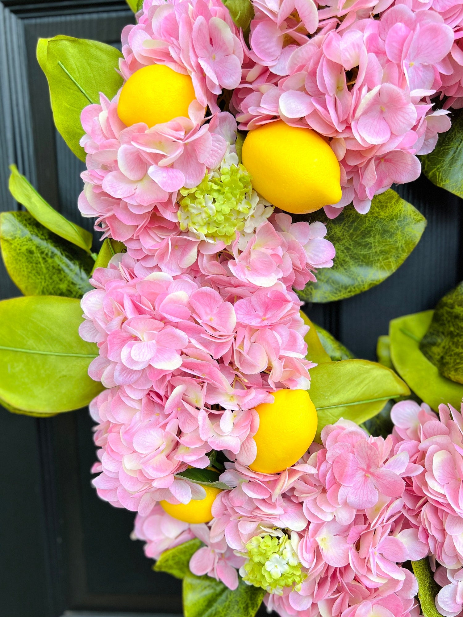 The pink hydrangea and lemon wreath