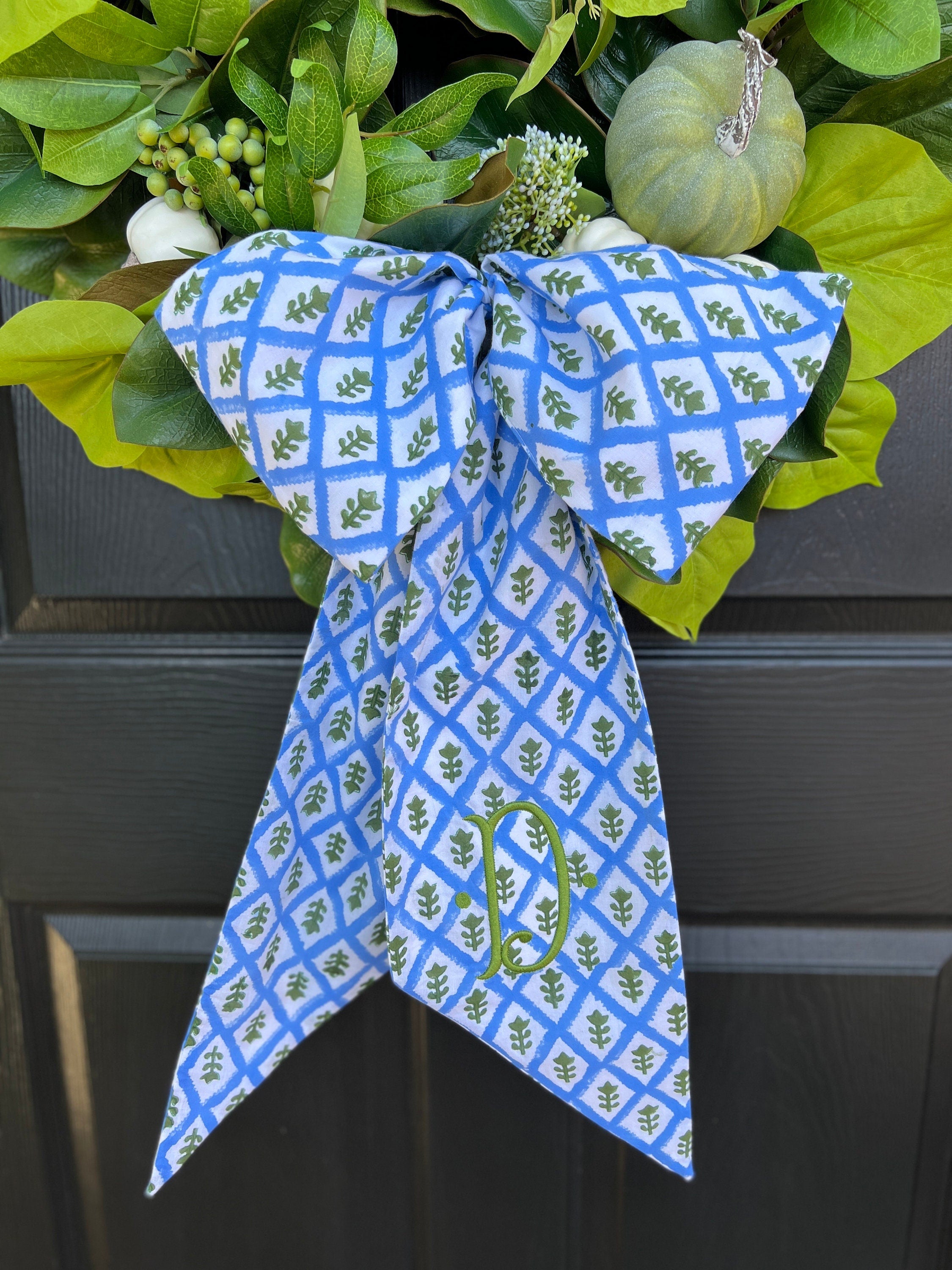 Blue block print wreath sash, 2 sizes