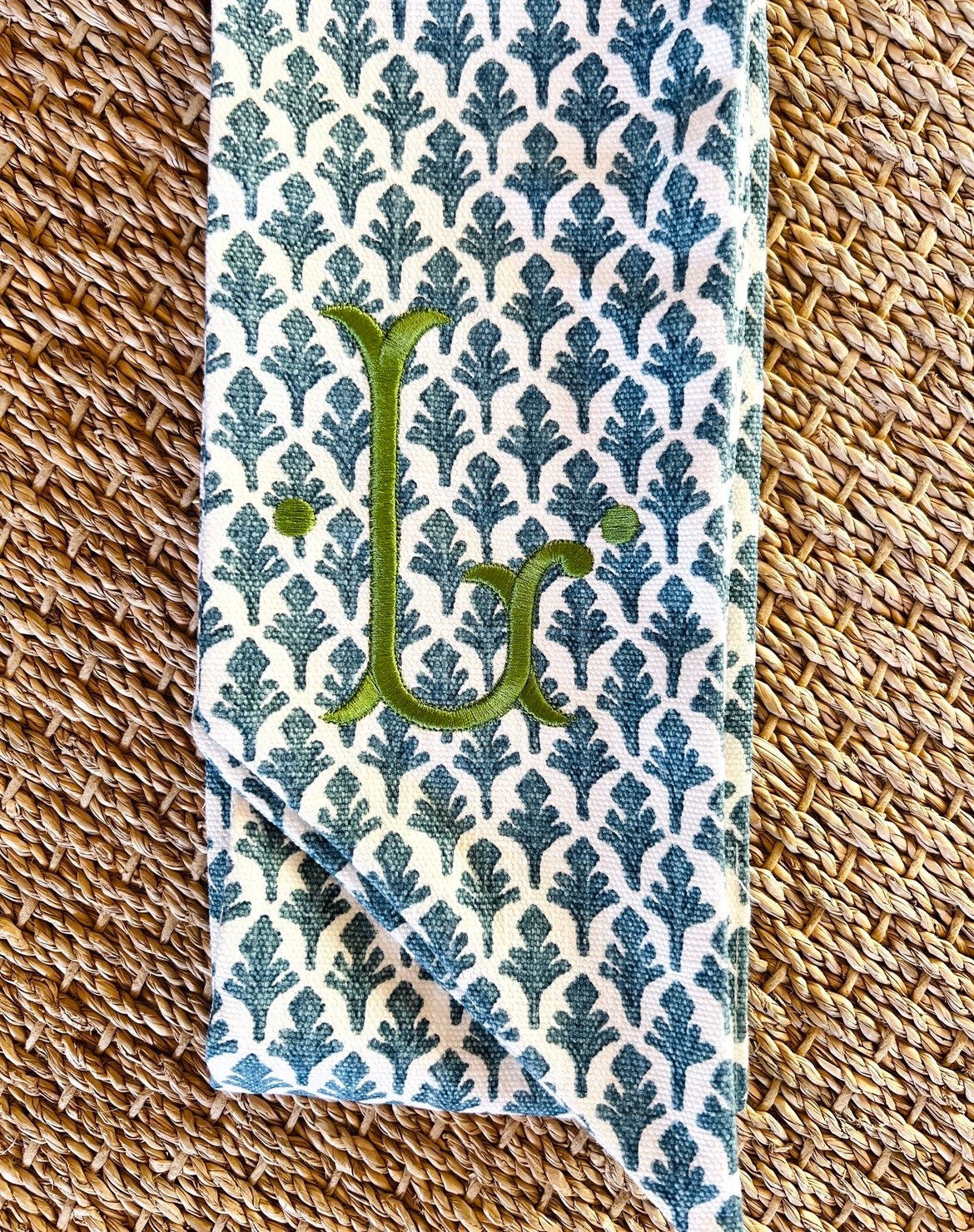 Blue and white block print wreath sash monogram available