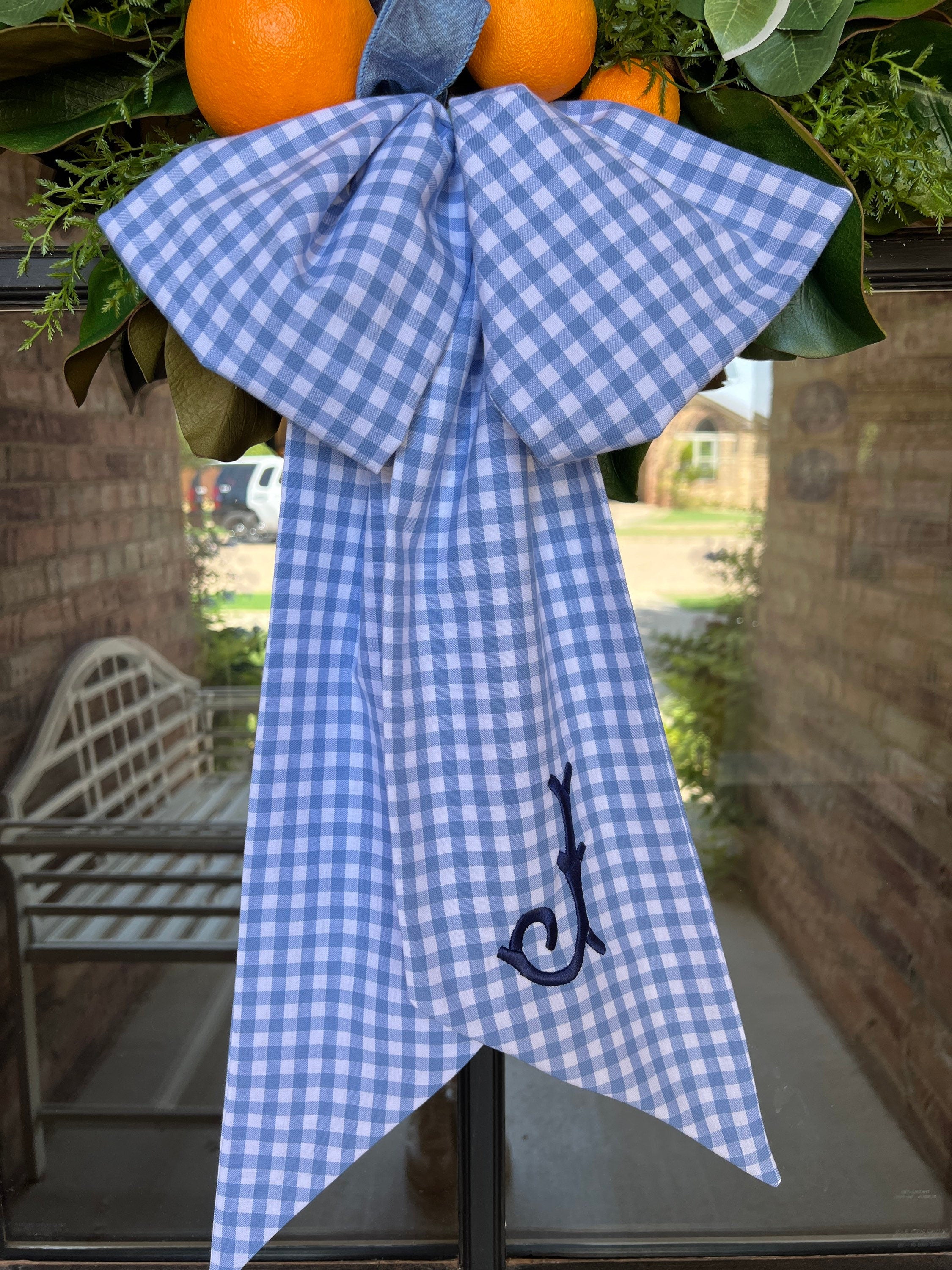 French blue gingham wreath sash monogram available