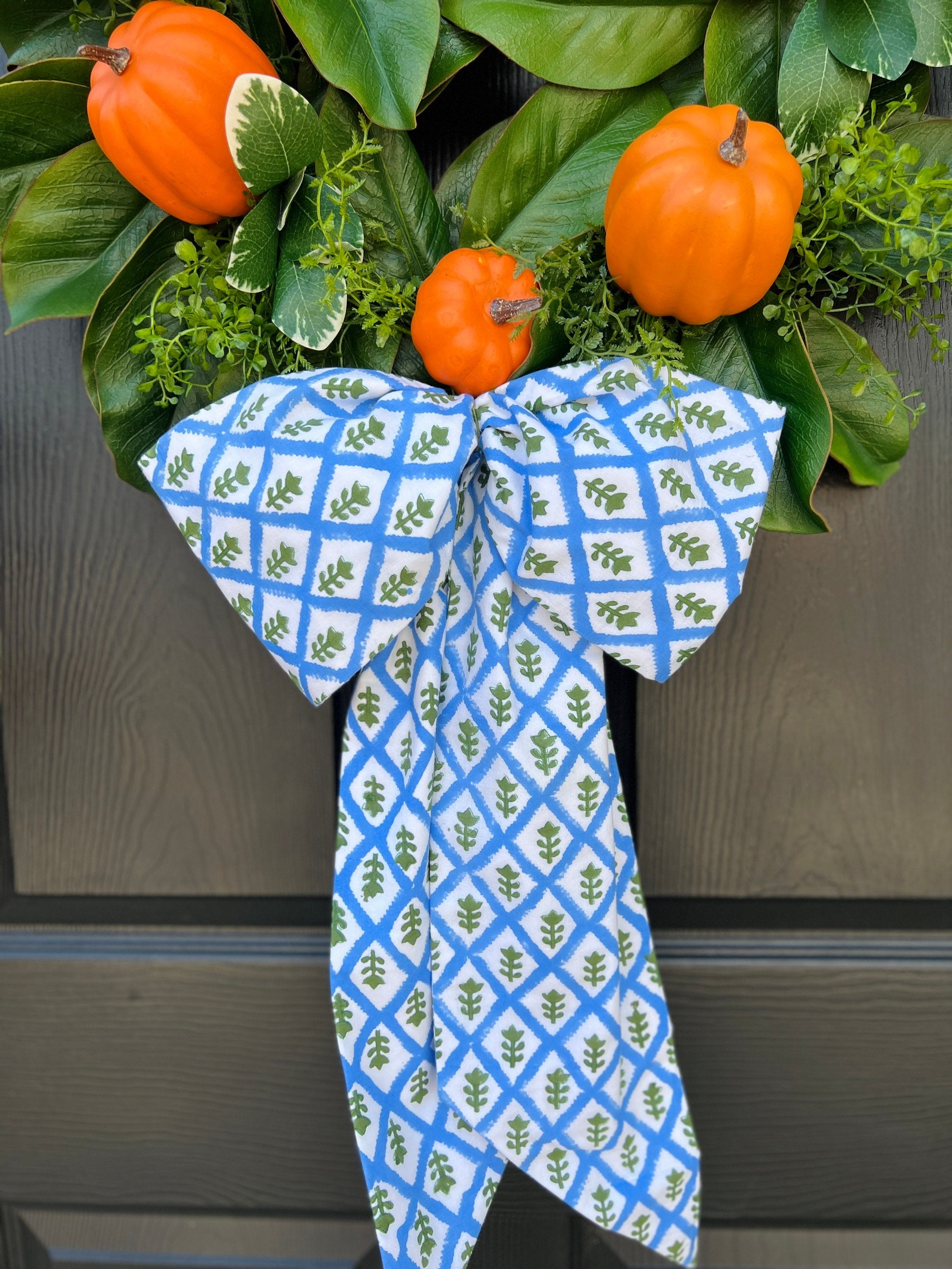 Blue block print wreath sash, 2 sizes