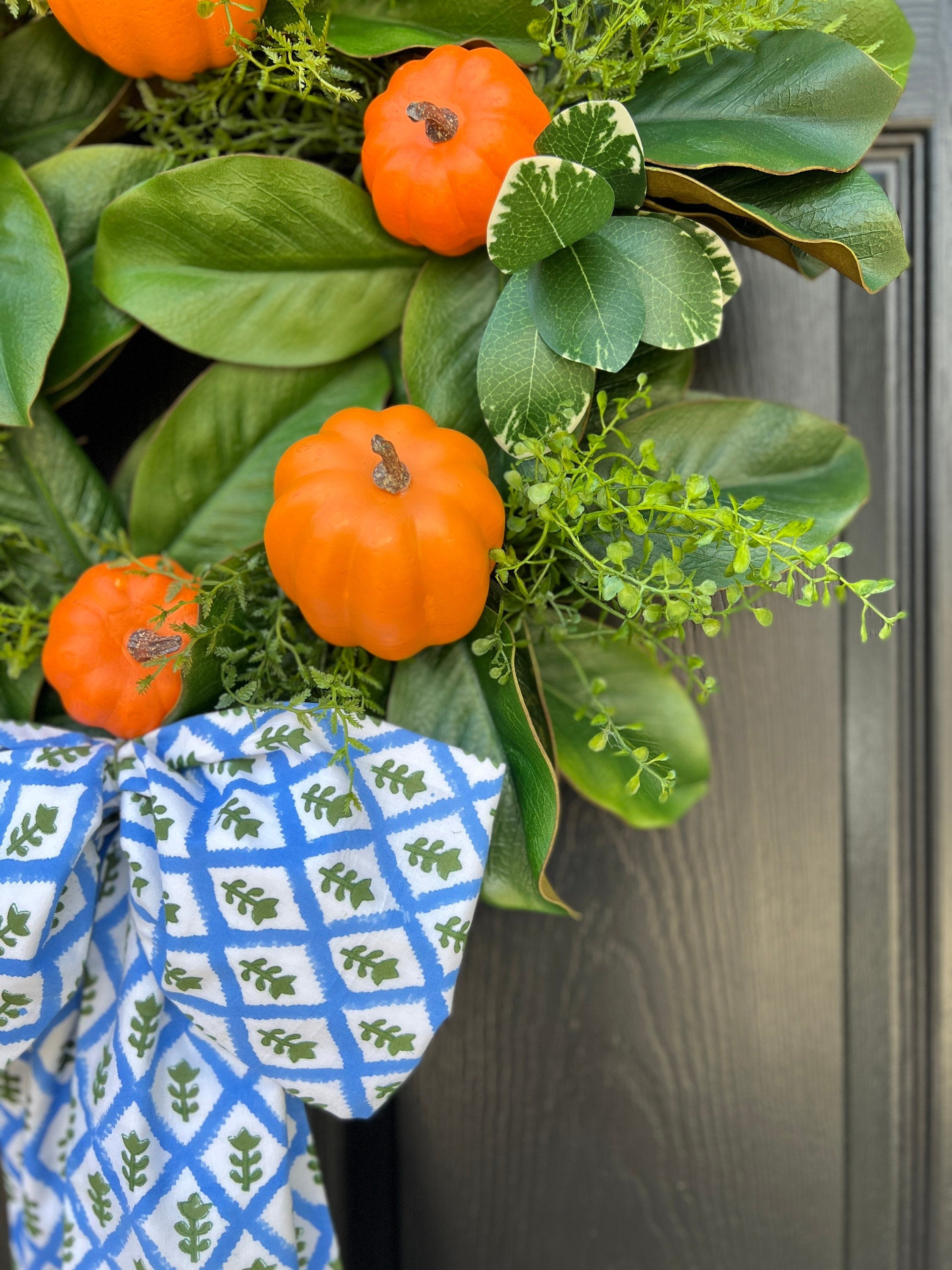 Blue block print wreath sash, 2 sizes