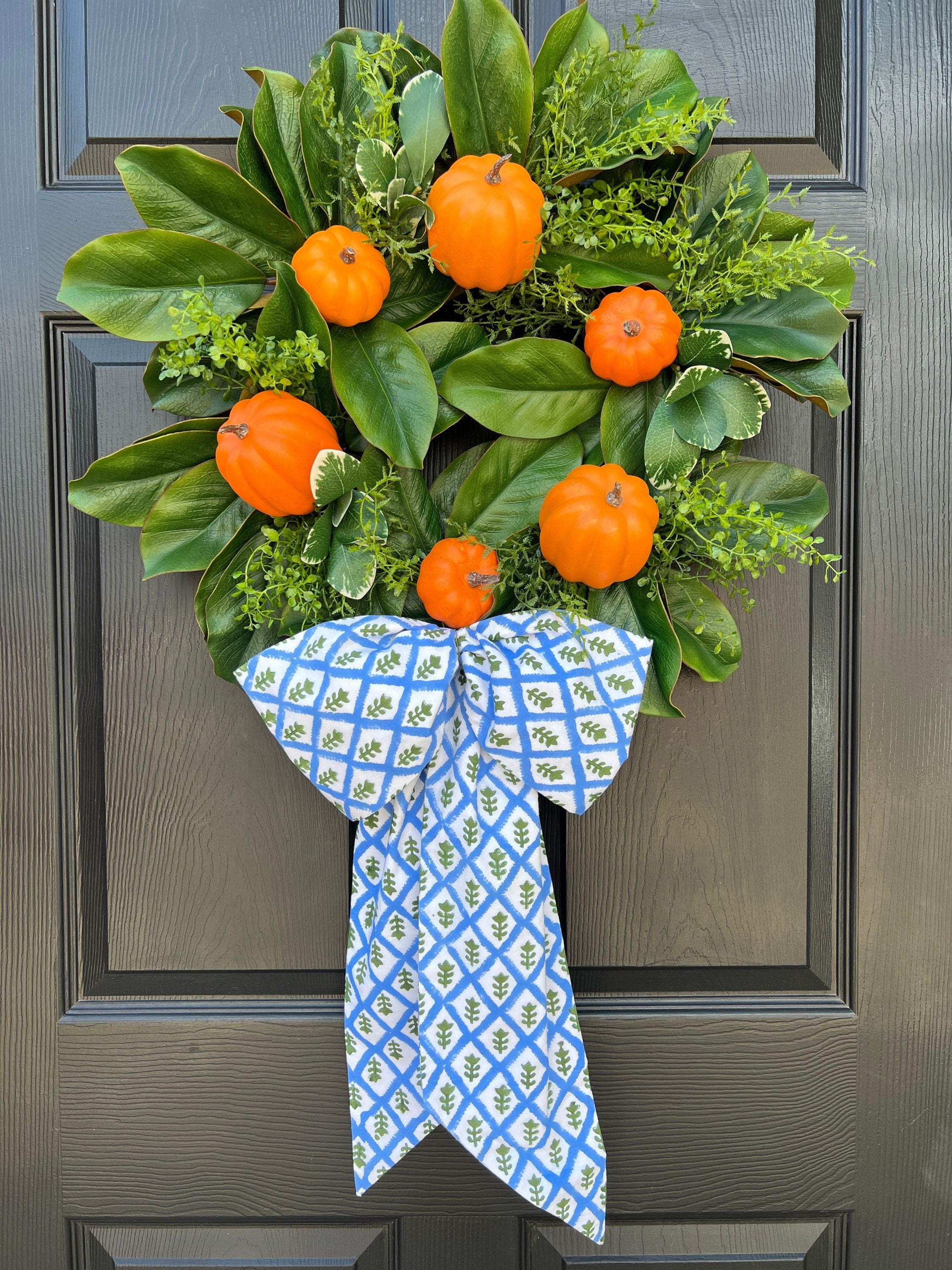 Blue block print wreath sash, 2 sizes