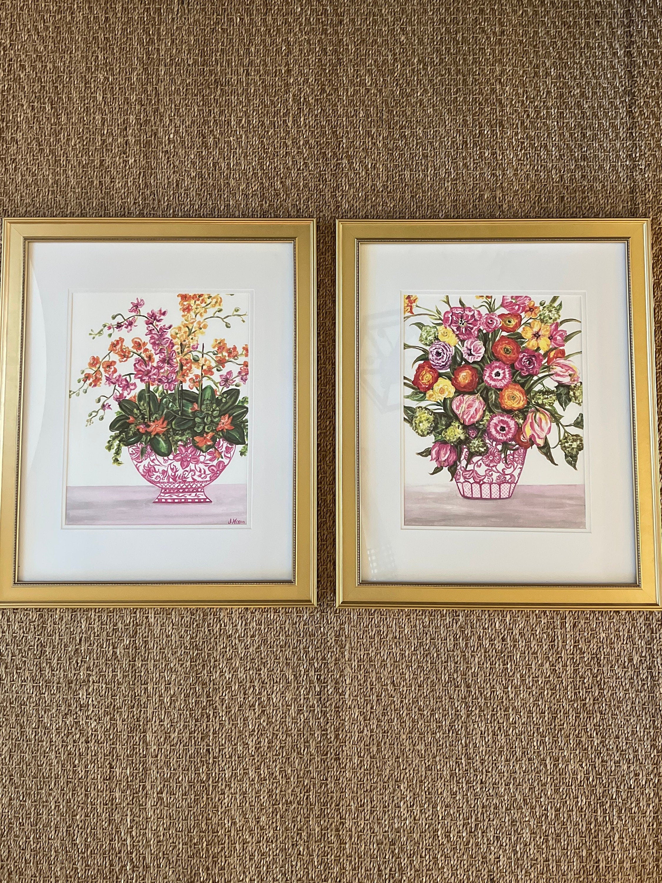 Set of Chinoiserie floral and pink ginger jar prints, unframed