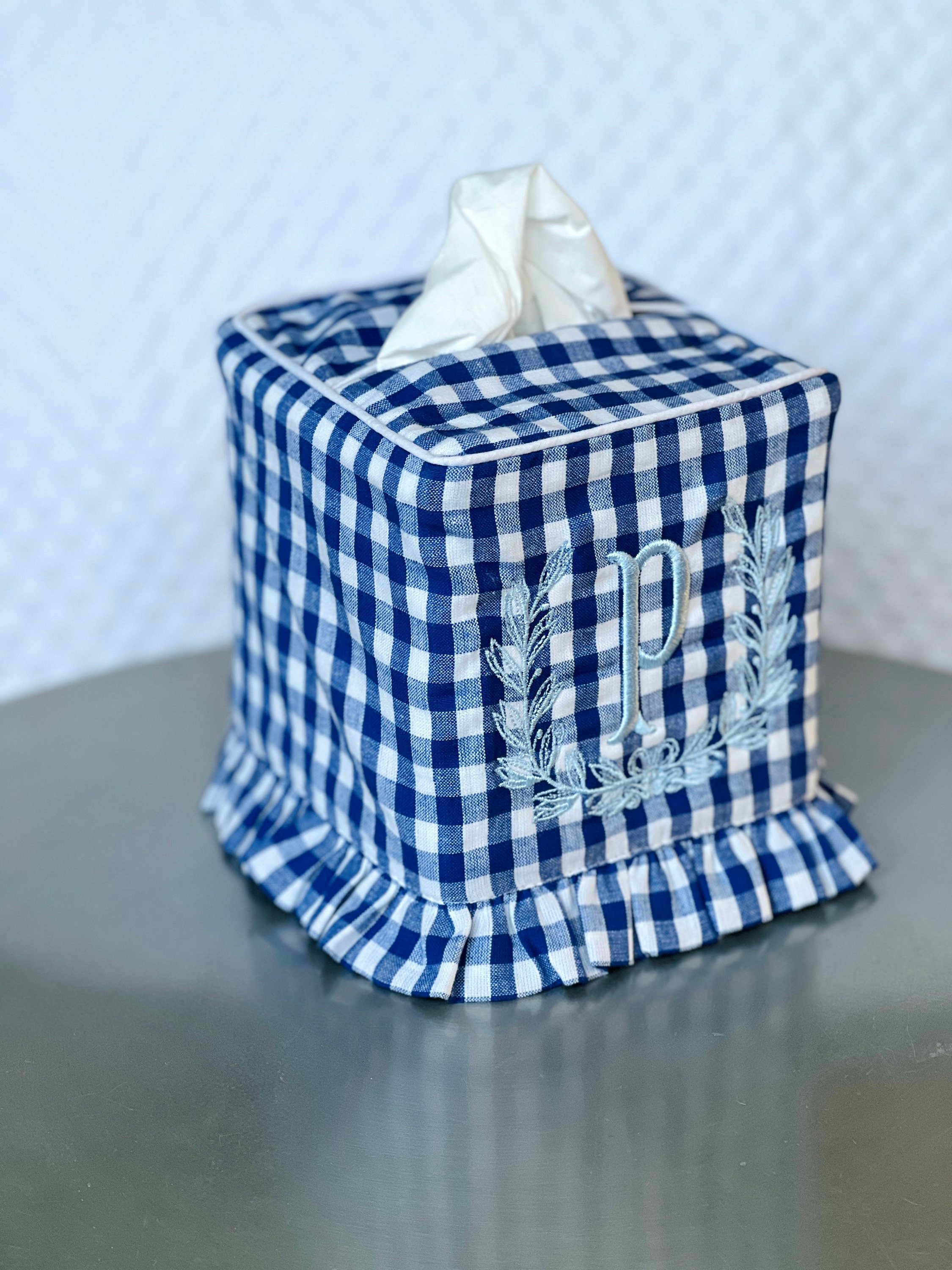 Blue gingham ruffle tissue cover, custom monogram available