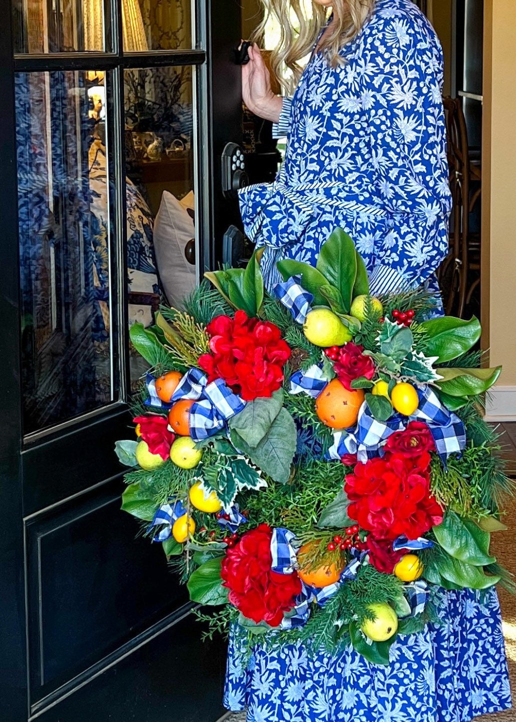 Red hydrangea, fruit, and blue gingham French Country wreath