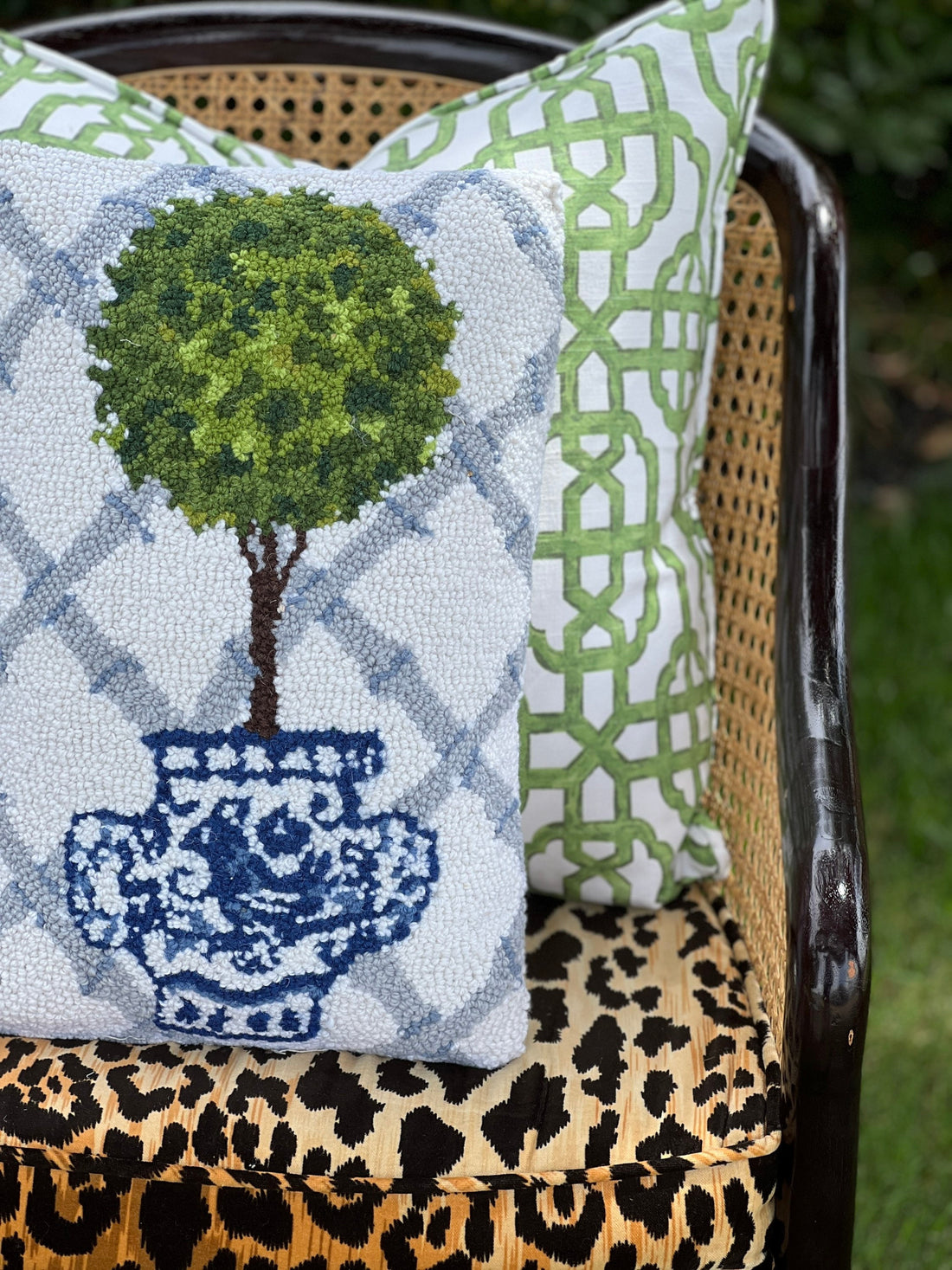 Hooked wool topiary pillow, blue and green pillow