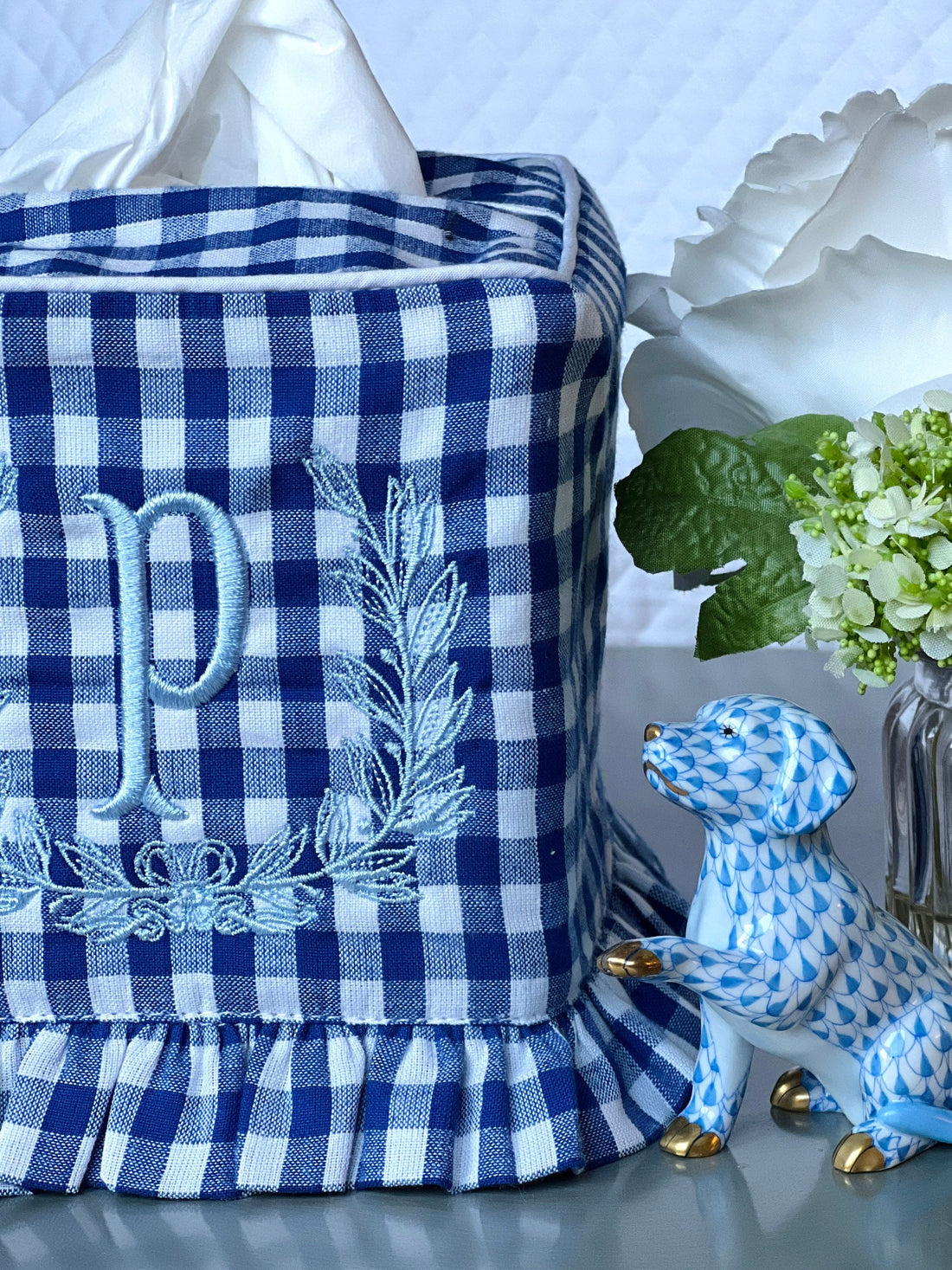 Blue gingham ruffle tissue cover, custom monogram available