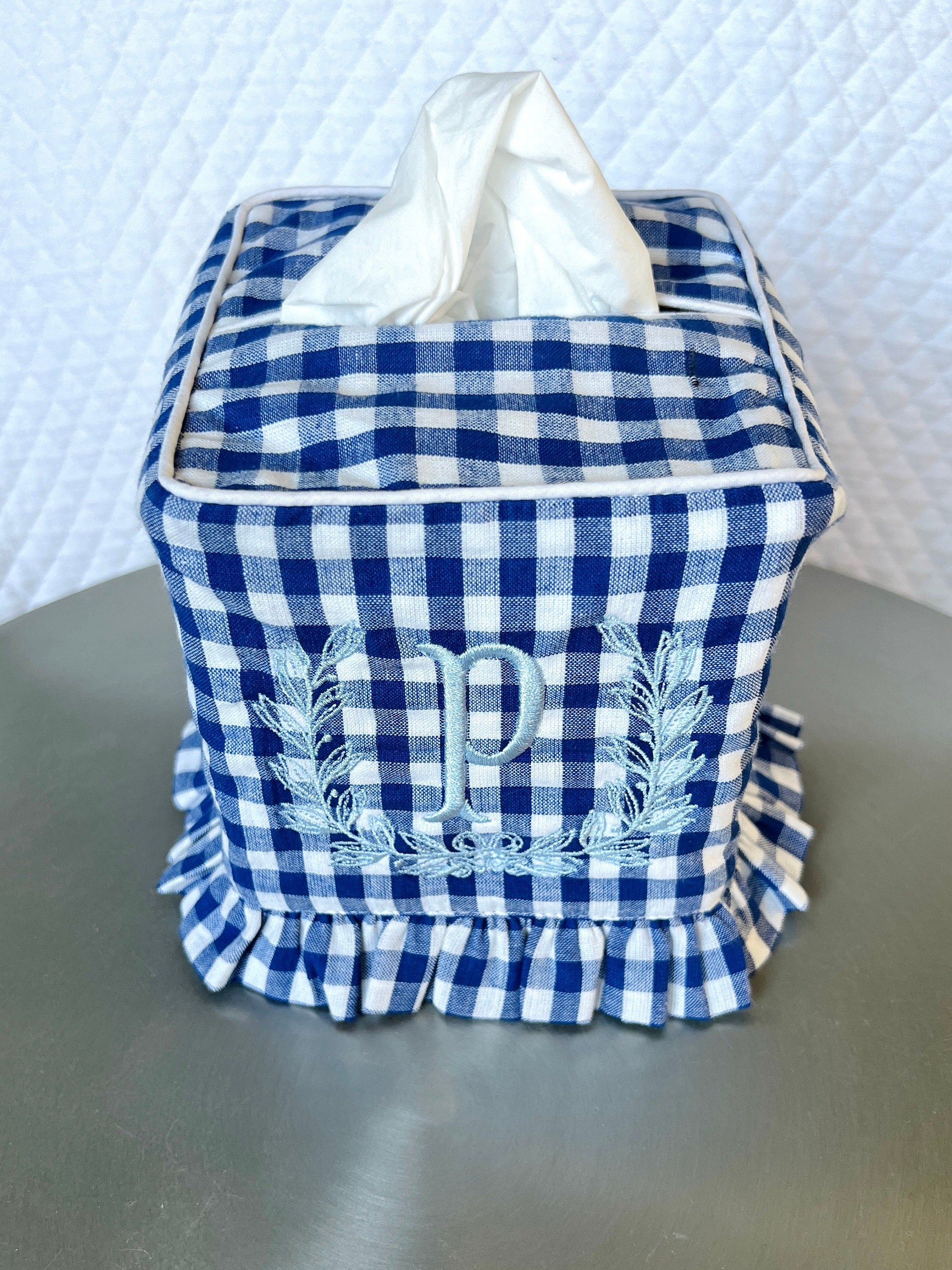 Blue gingham ruffle tissue cover, custom monogram available