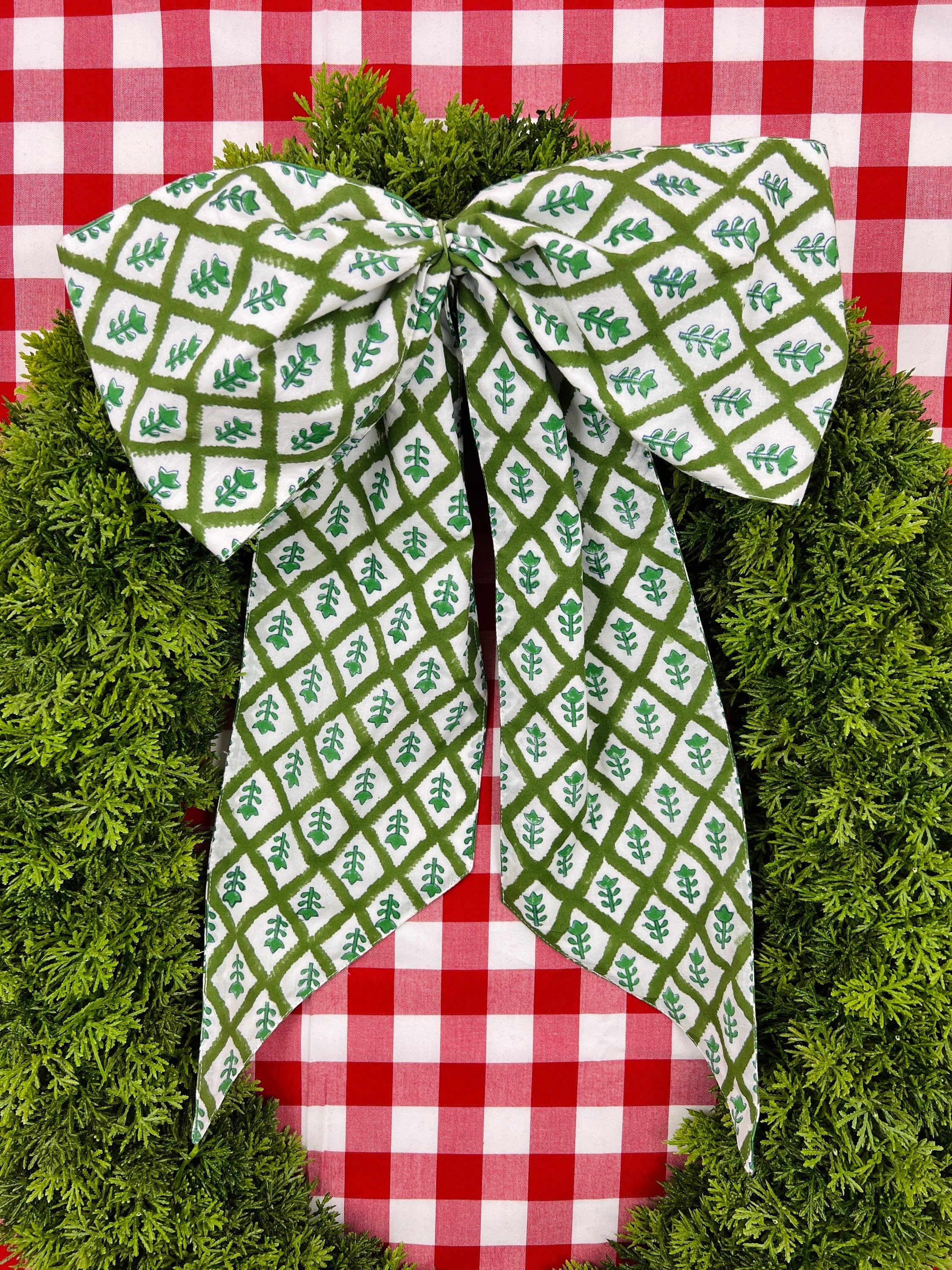 Green block print wreath sash