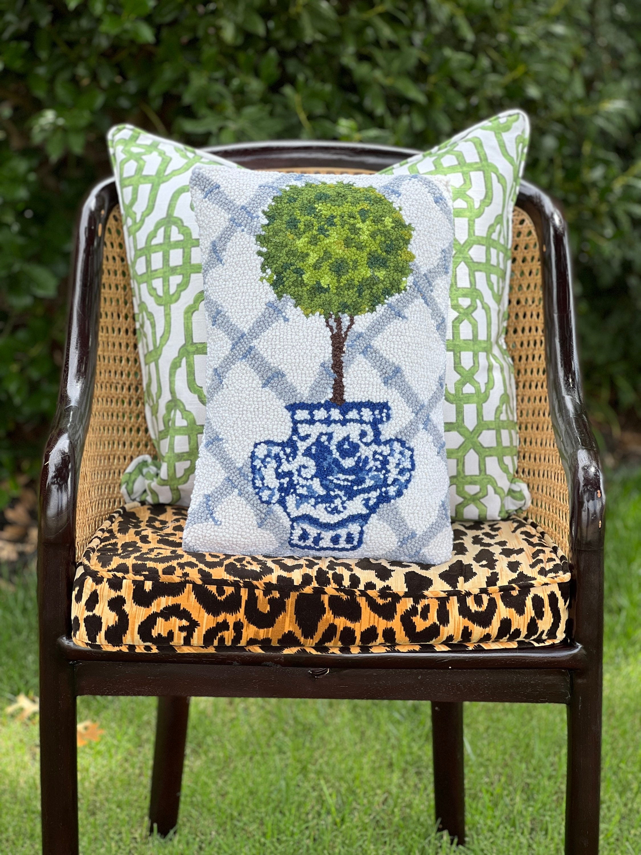 Hooked wool topiary pillow, blue and green pillow