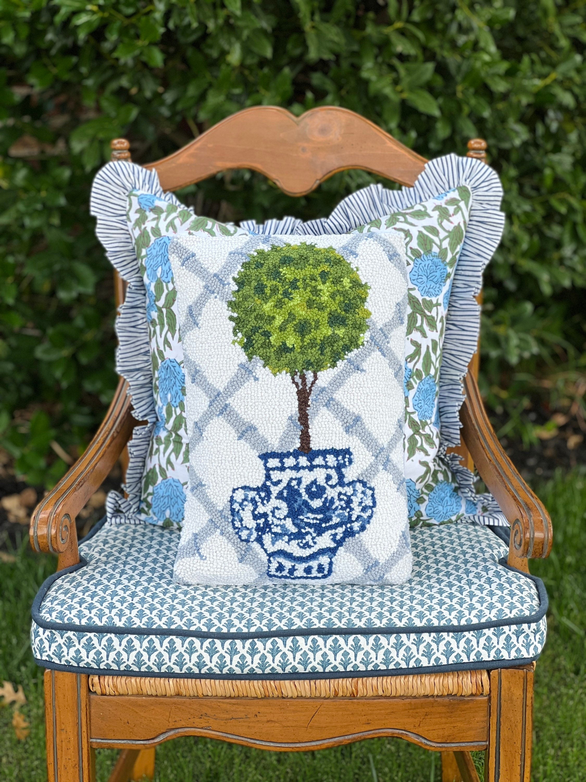 Hooked wool topiary pillow, blue and green pillow